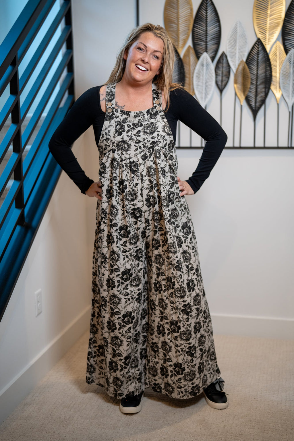 BiBi Garden Noir Floral Overall Jumpsuit — Grey & Black