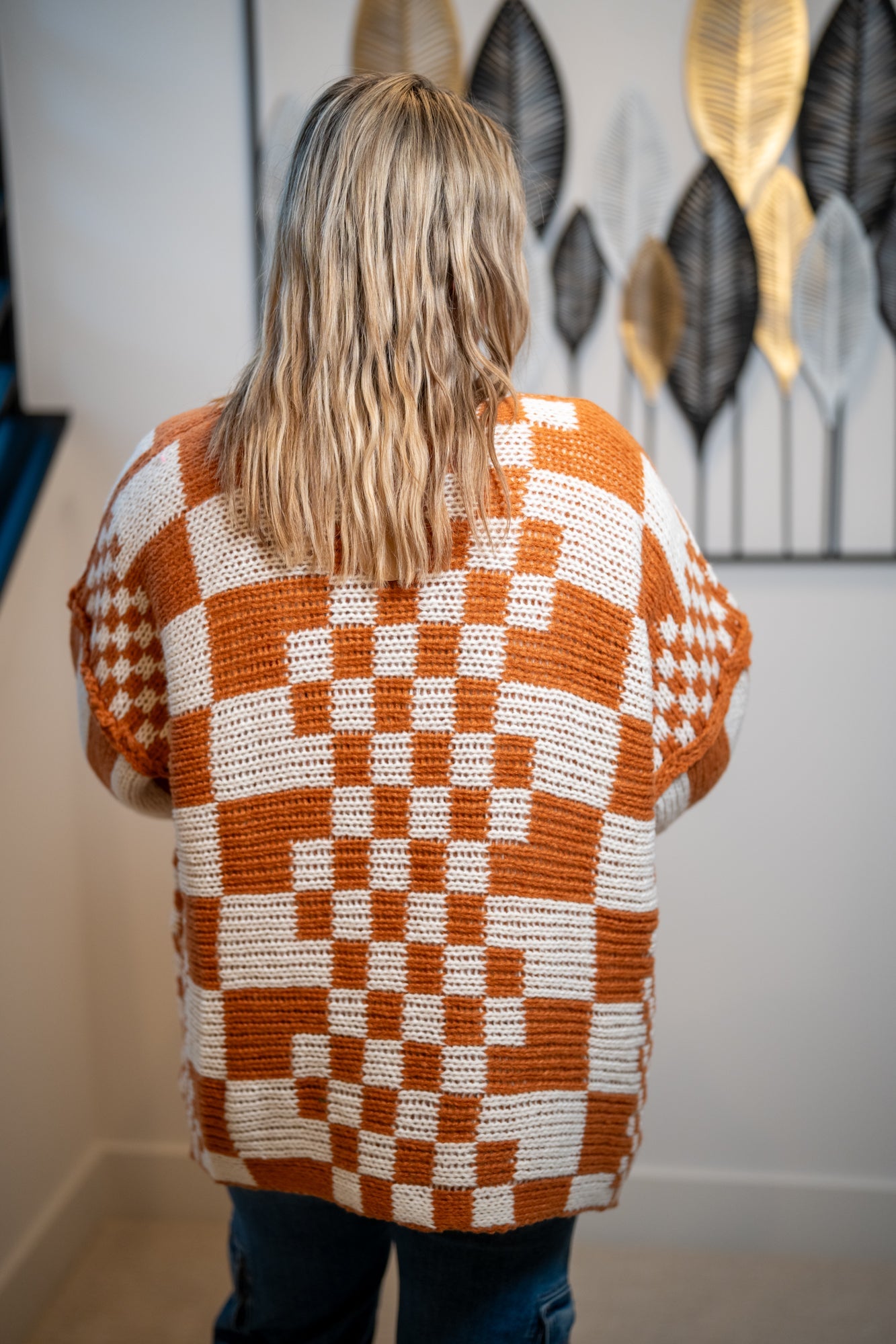 BiBi Checkmate Chunky Cardigan — Rust & Cream