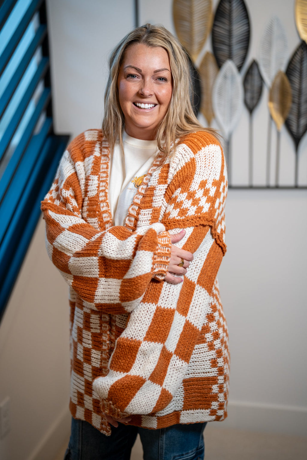 BiBi Checkmate Chunky Cardigan — Rust & Cream