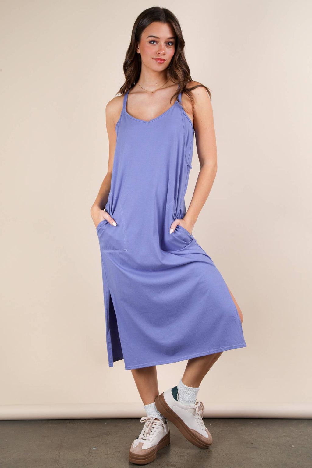 ND31605-V-Neck Sleeveless Casual Comfy Midi Dress