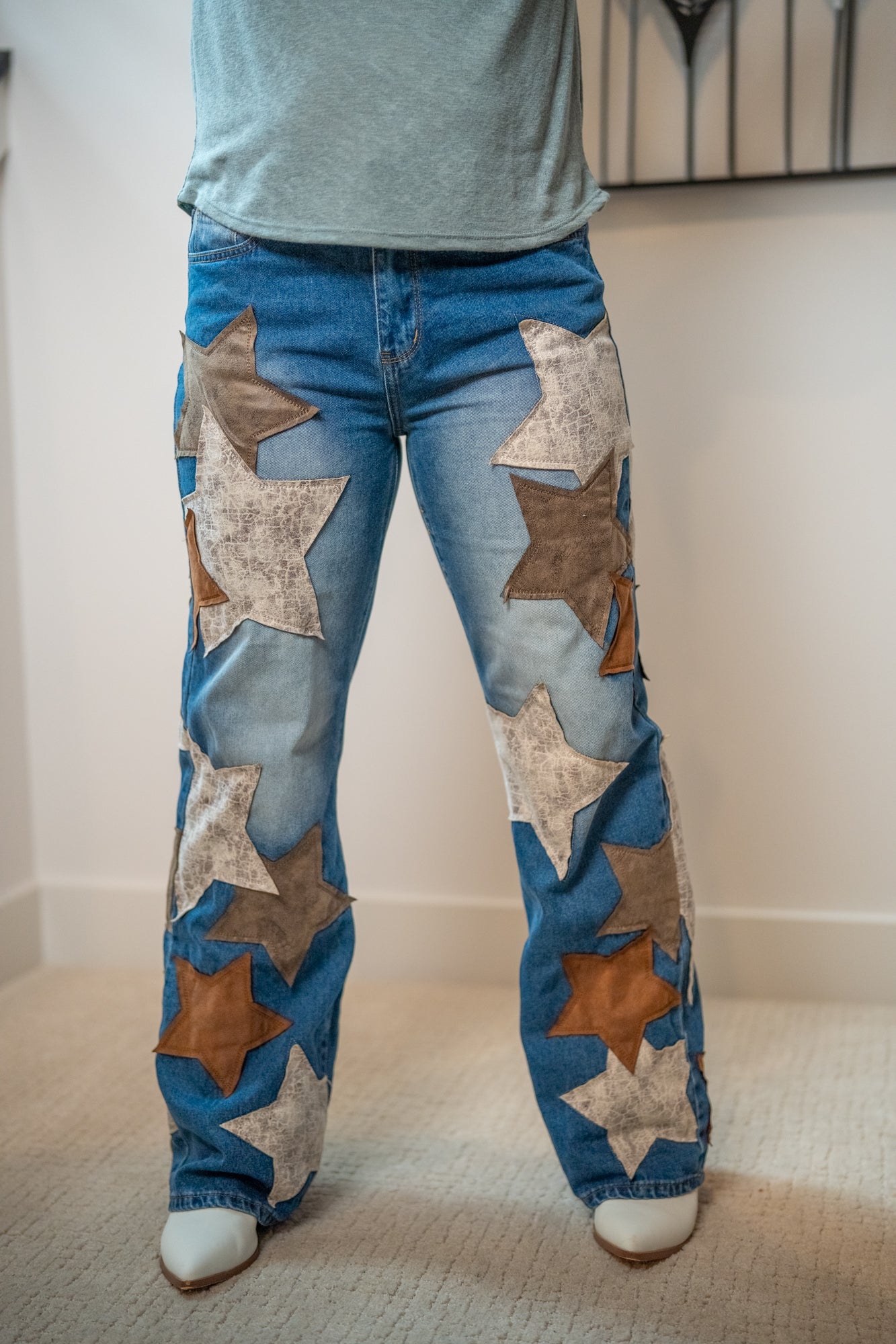 Oli & Hali Washed Leather Star Patched Jeans