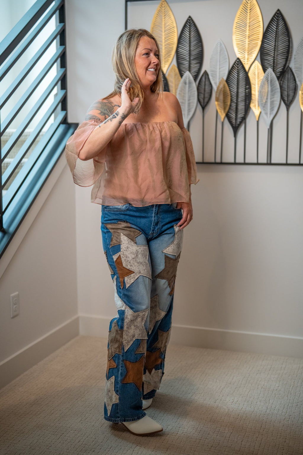 Oli & Hali Washed Leather Star Patched Jeans