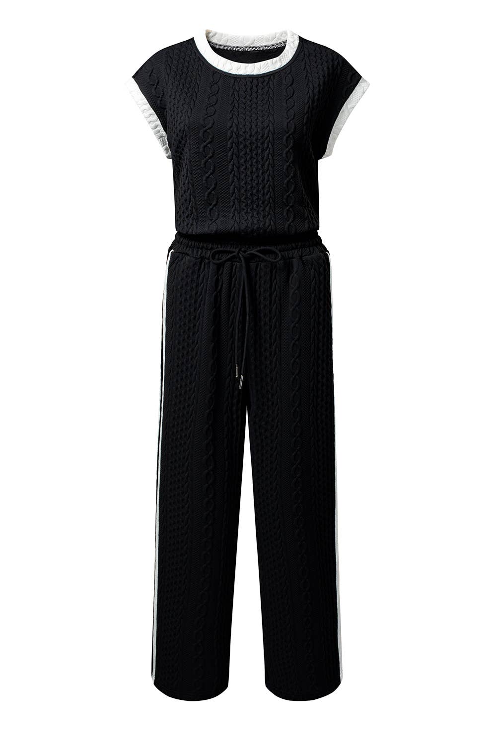 Cable Knit Contrast Trim Short Sleeve Top and Pants Set
