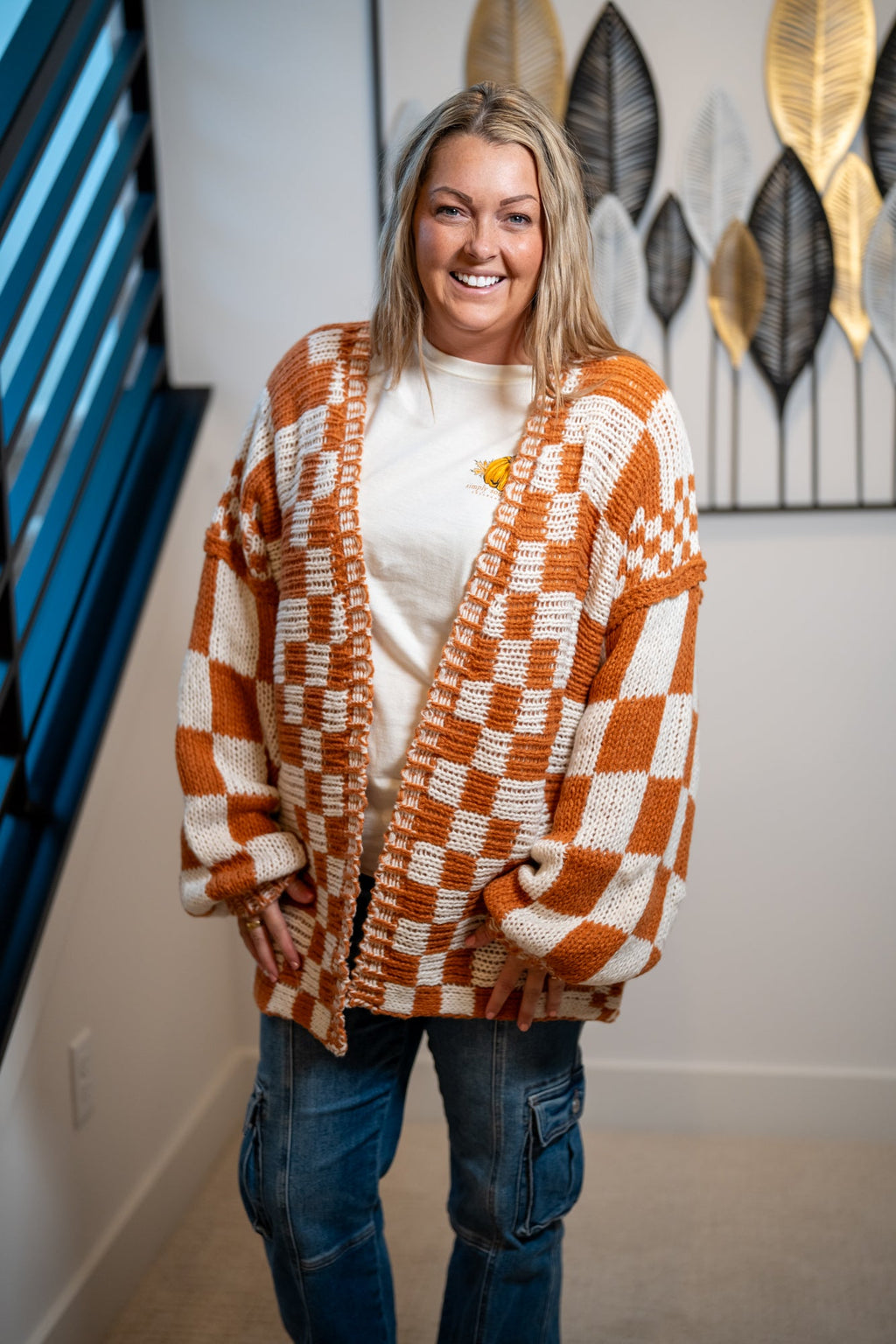 BiBi Checkmate Chunky Cardigan — Rust & Cream