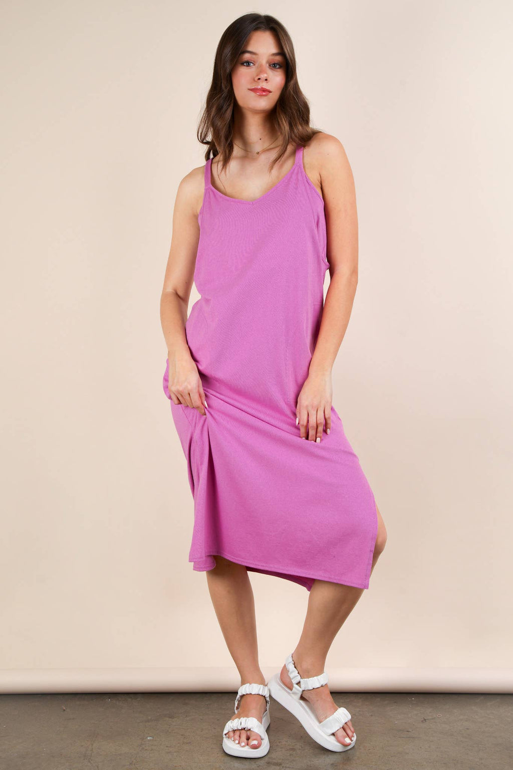 ND31605-V-Neck Sleeveless Casual Comfy Midi Dress