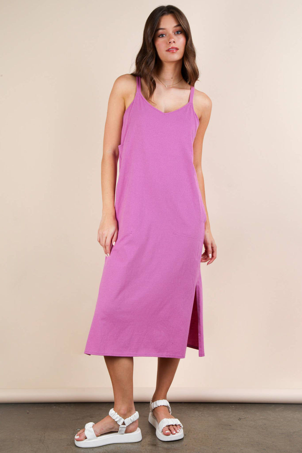 ND31605-V-Neck Sleeveless Casual Comfy Midi Dress