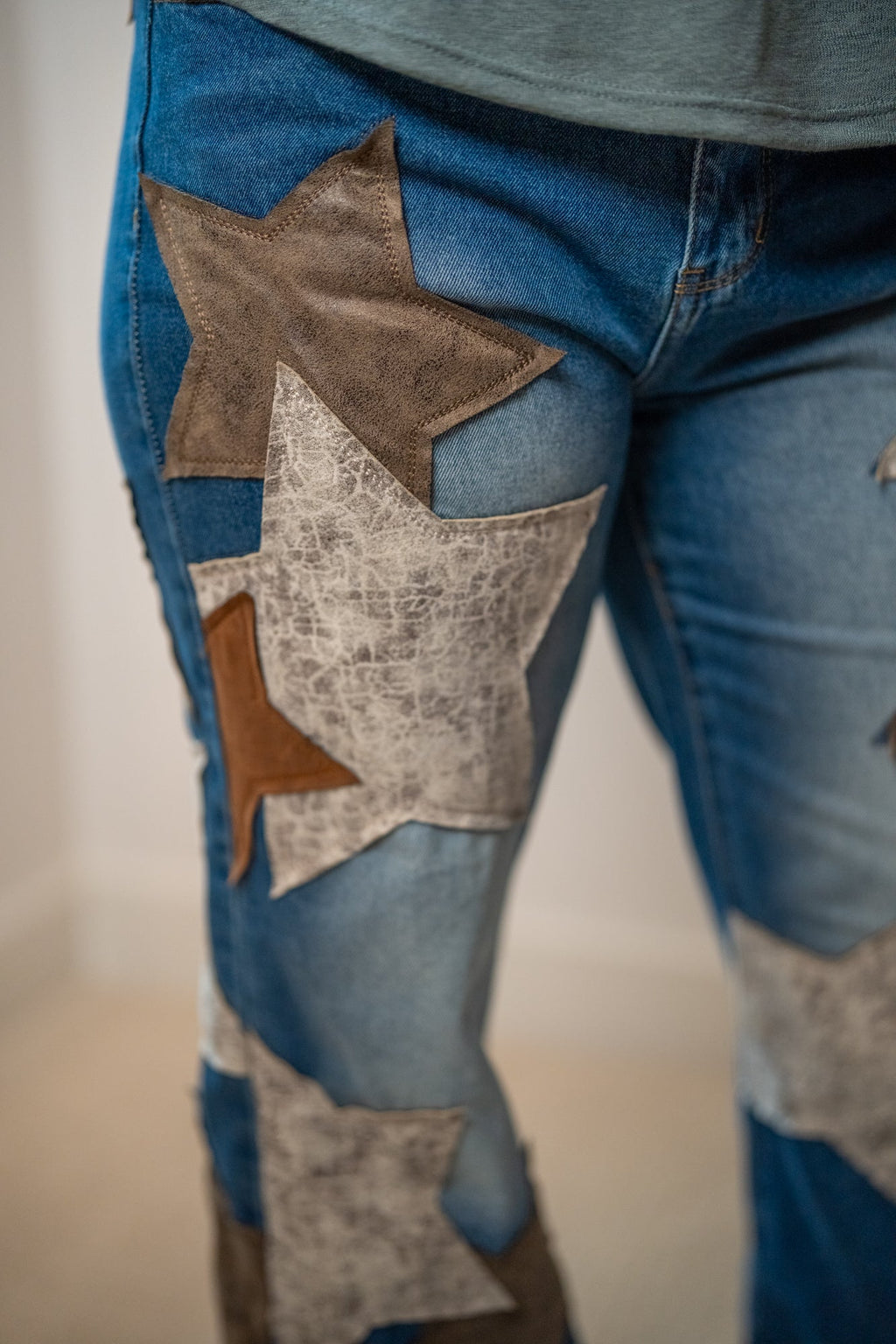 Oli & Hali Washed Leather Star Patched Jeans