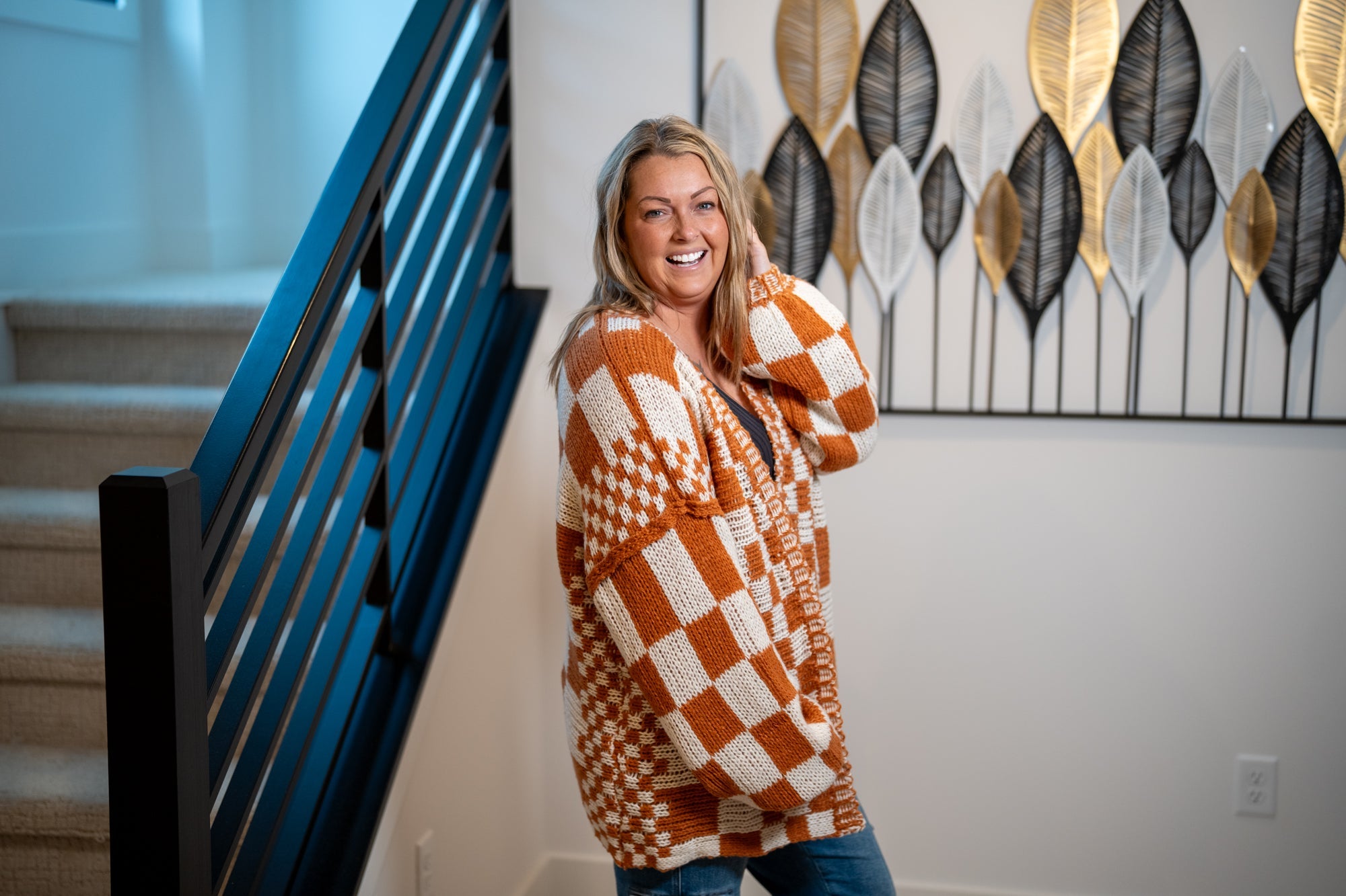 BiBi Checkmate Chunky Cardigan — Rust & Cream