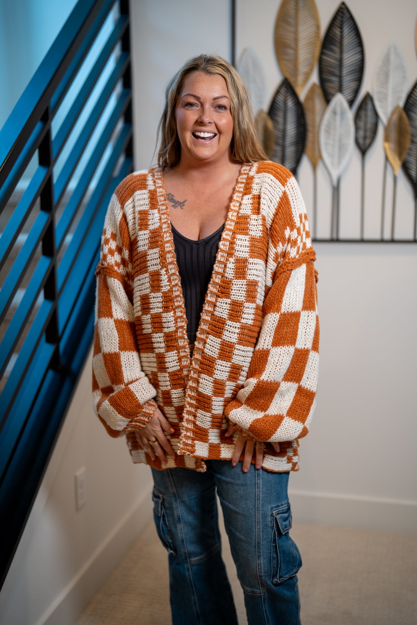 BiBi Checkmate Chunky Cardigan — Rust & Cream