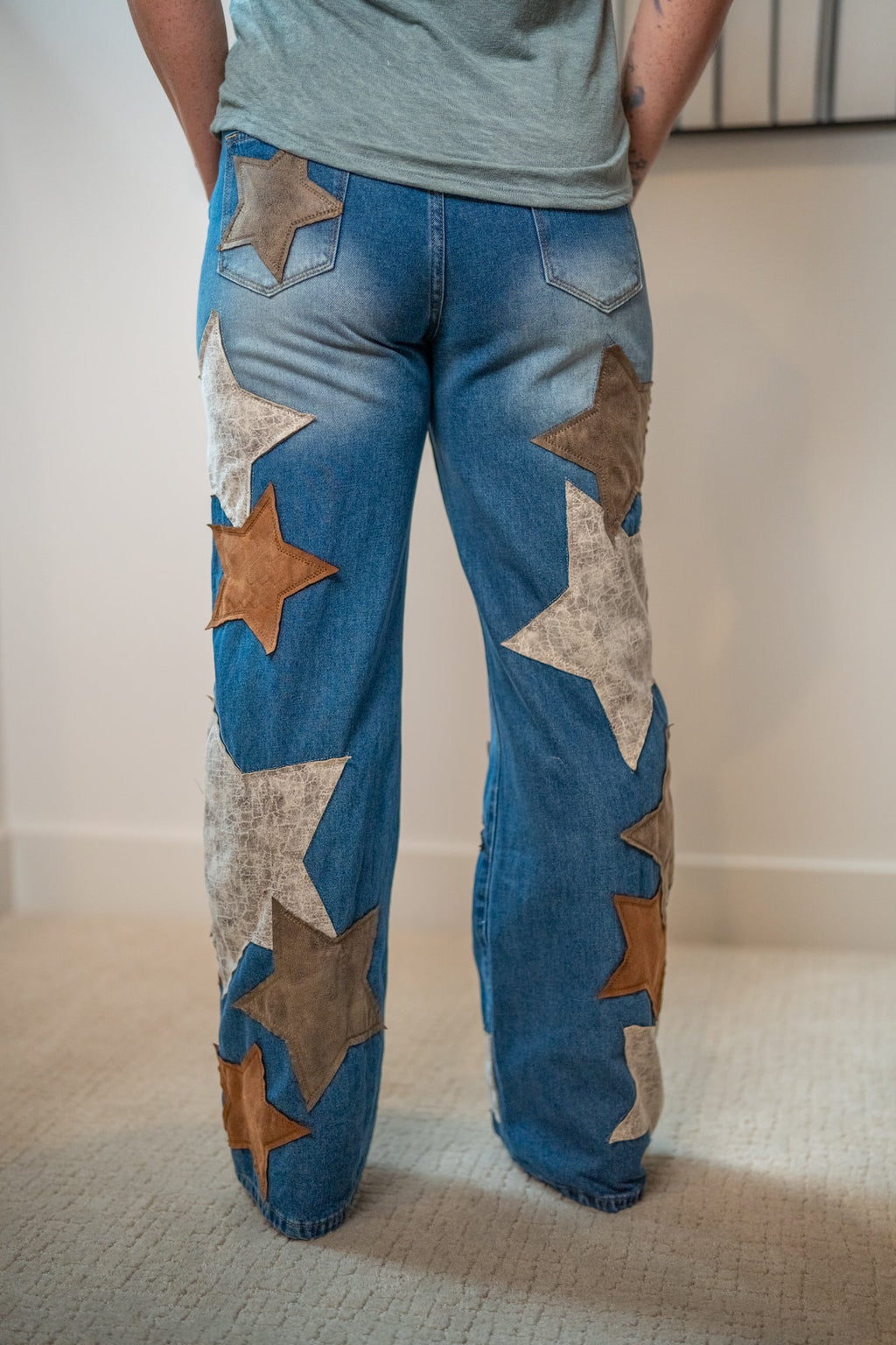 Oli & Hali Washed Leather Star Patched Jeans