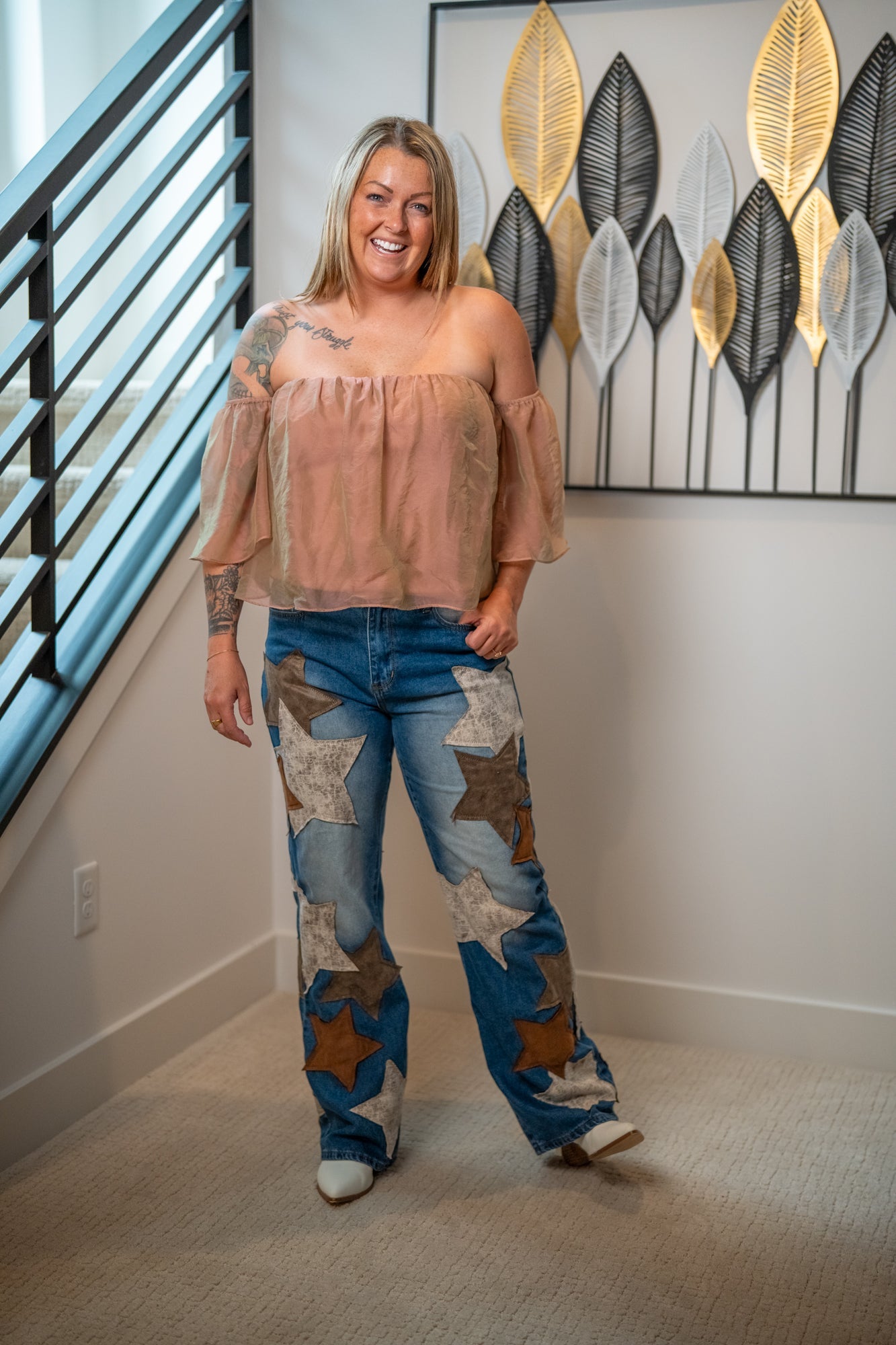 Oli & Hali Washed Leather Star Patched Jeans