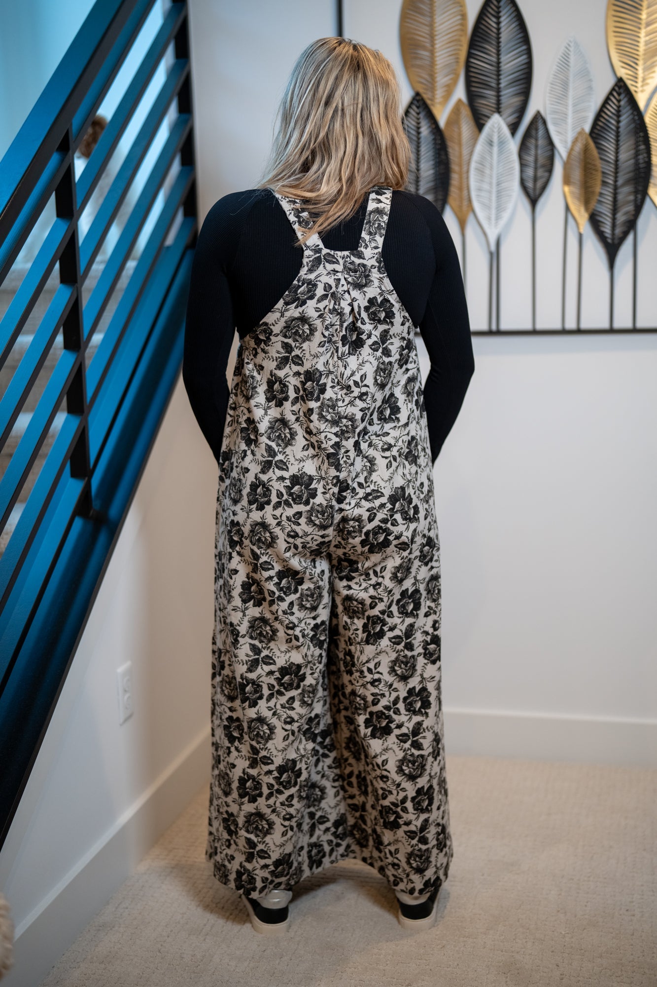 BiBi Garden Noir Floral Overall Jumpsuit — Grey & Black