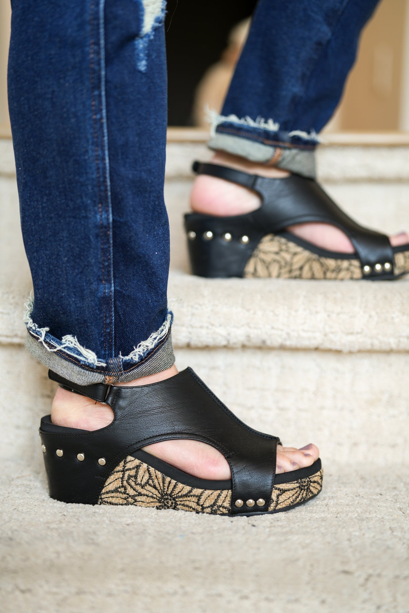 Corkys Black Floral Wrap Carley Wedge Sandals