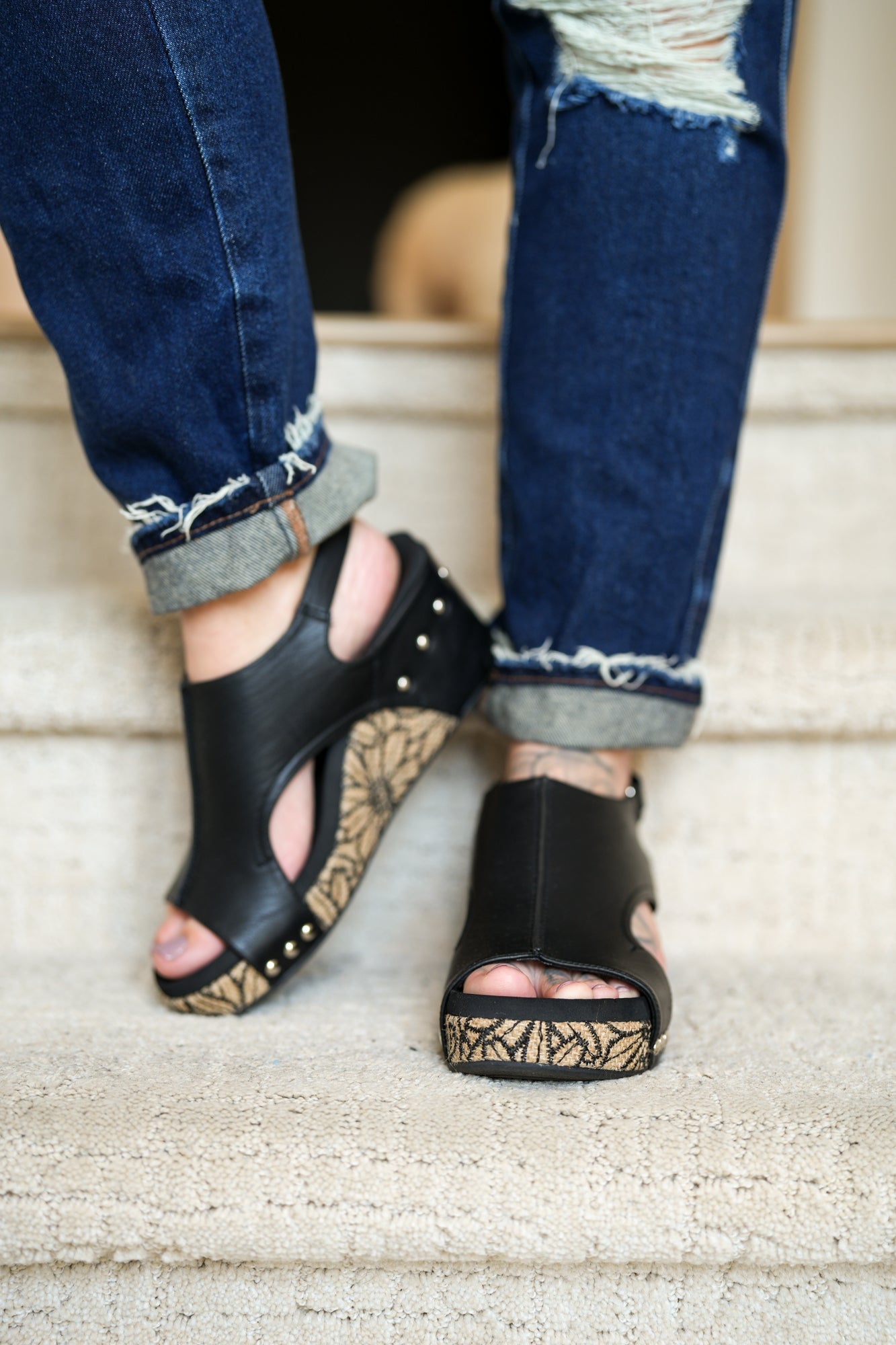 Corkys Black Floral Wrap Carley Wedge Sandals