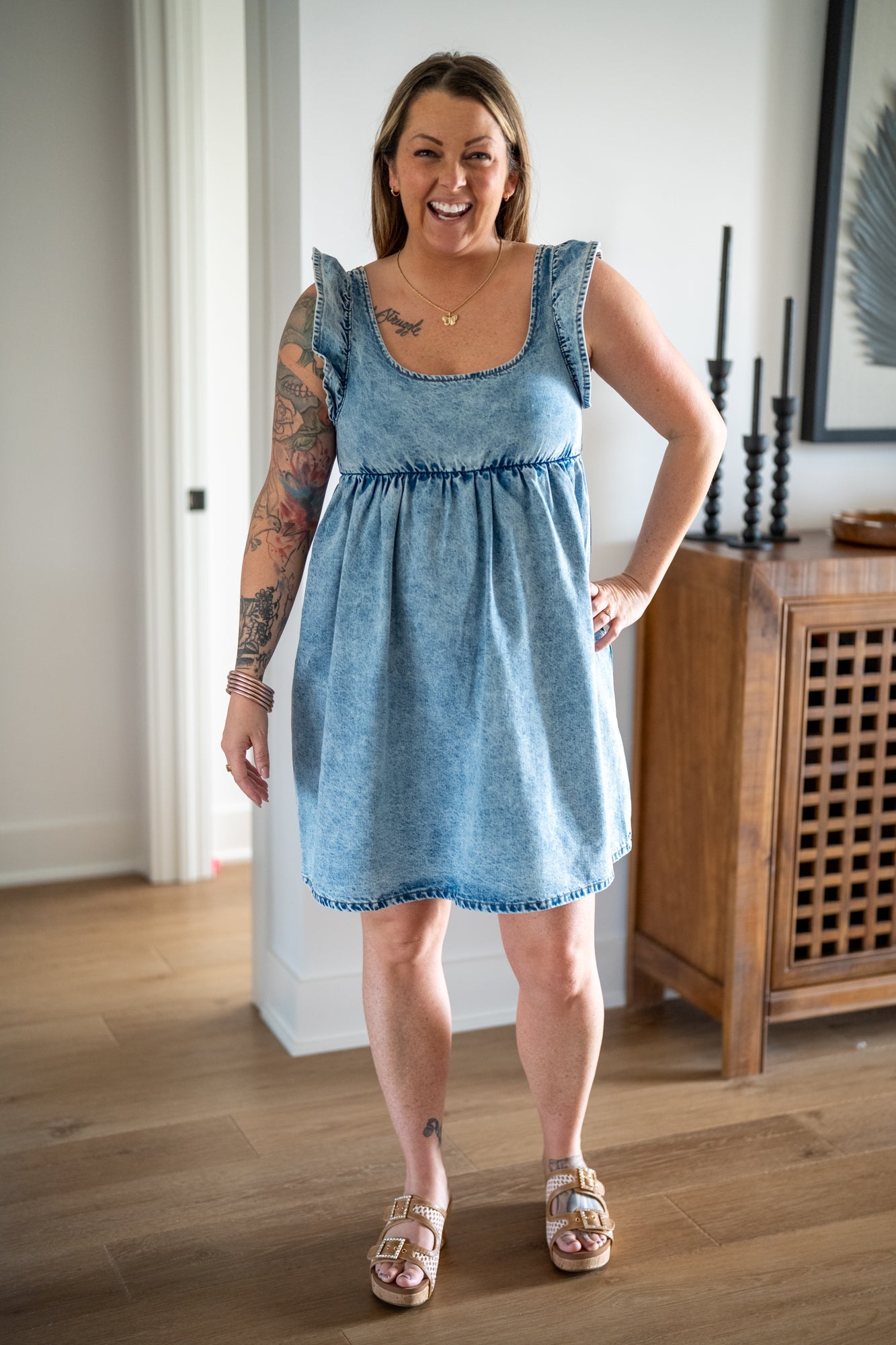 Denim Ruffle Sleeve Mini Dress – Wishlist