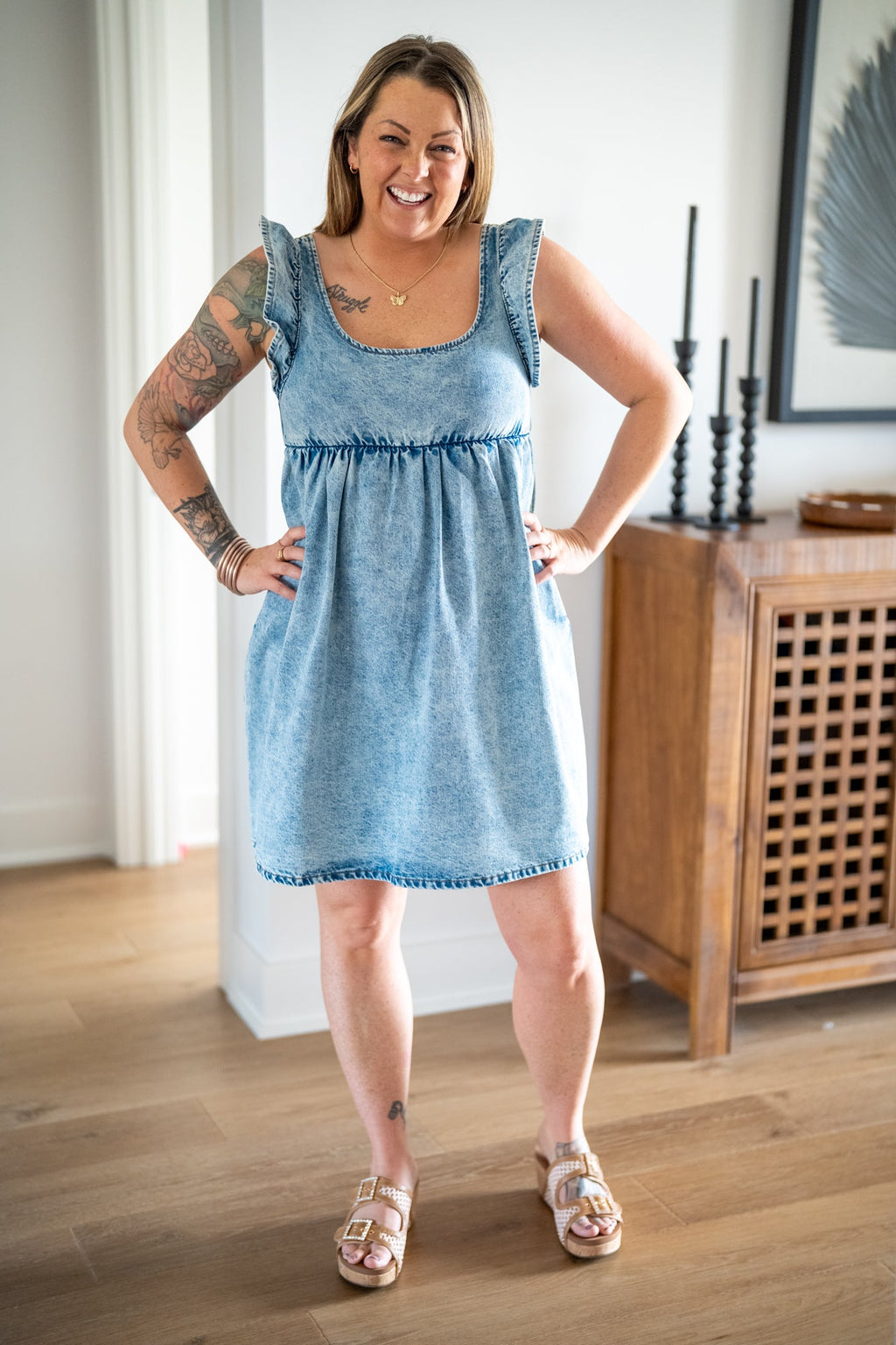 Denim Ruffle Sleeve Mini Dress – Wishlist