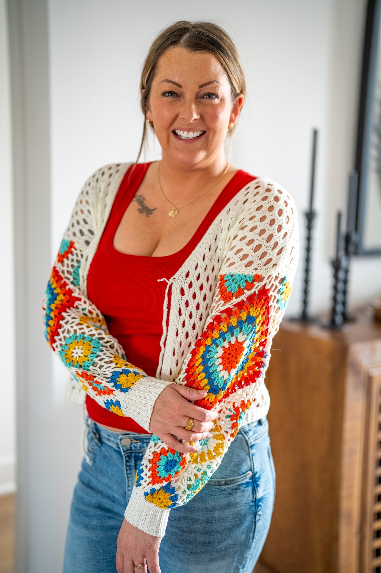 Embroidered Sleeve Cropped Cardigan with Front Tie