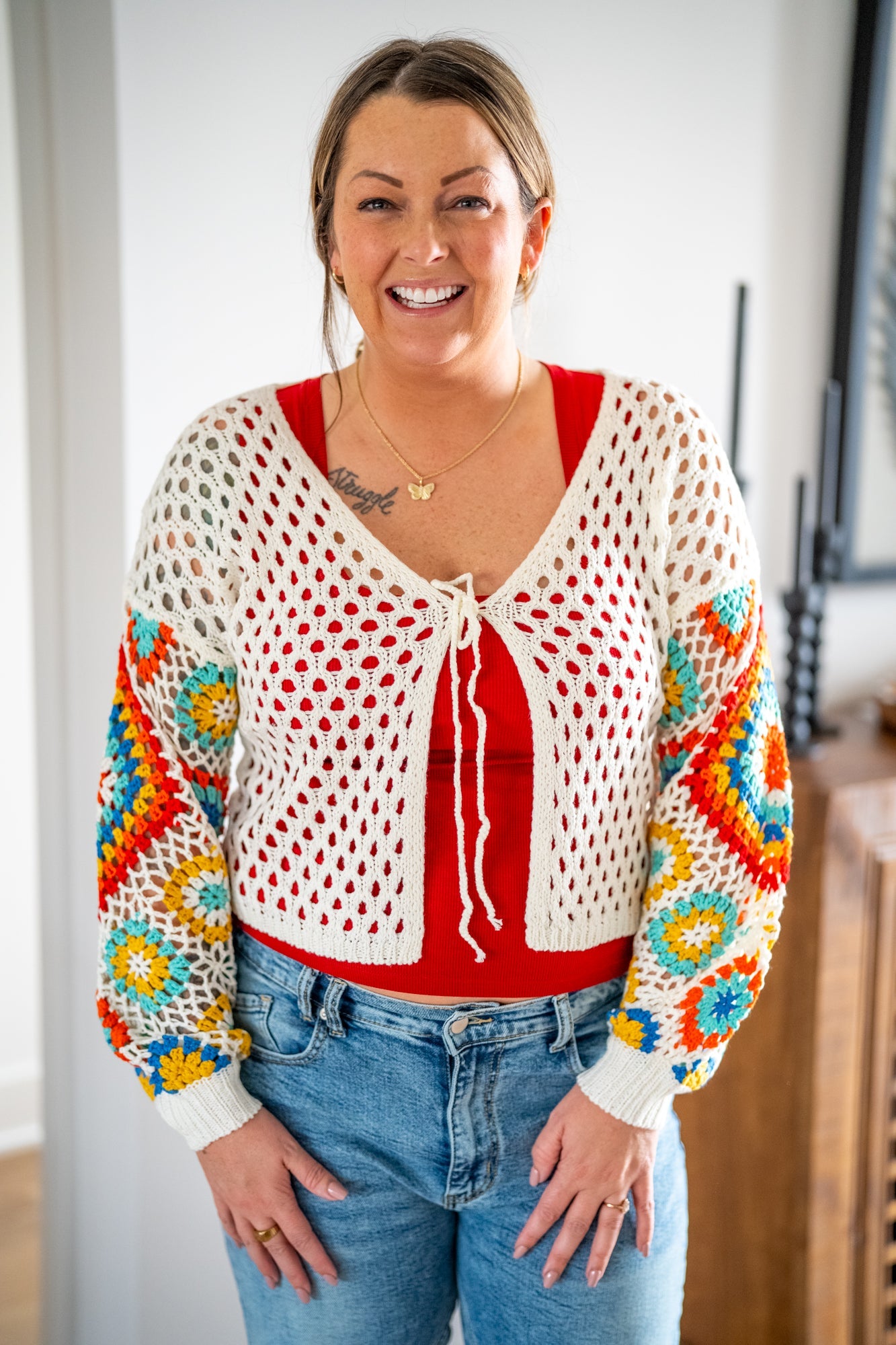 Embroidered Sleeve Cropped Cardigan with Front Tie