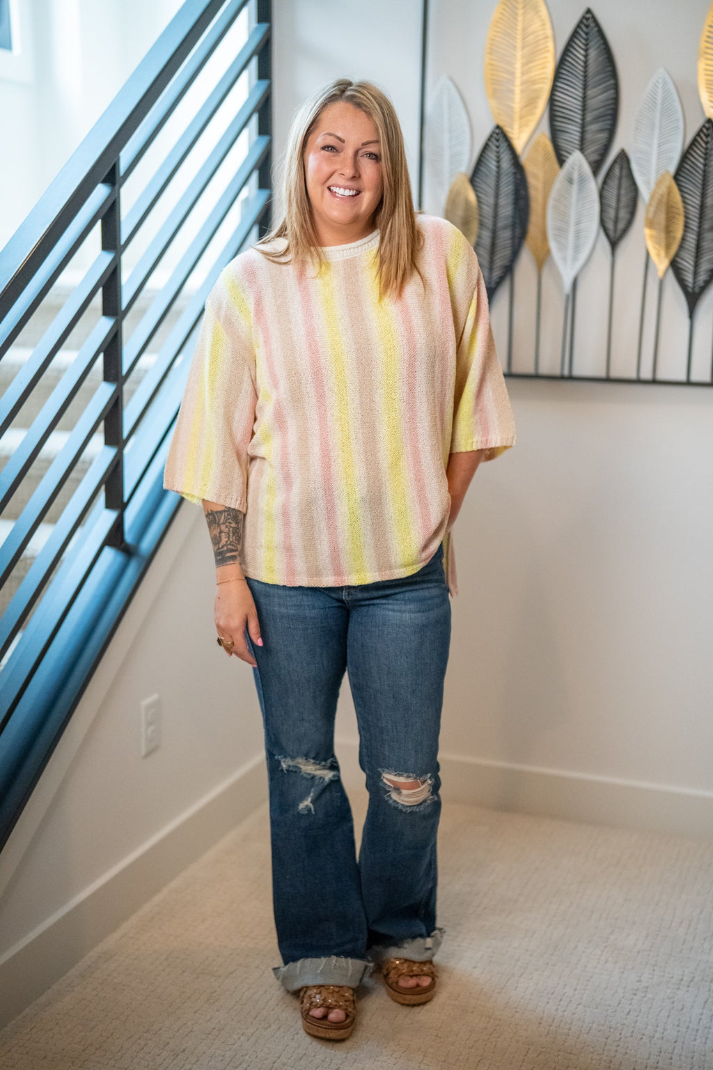Easel Lemon Taupe Striped Knit Tunic Top