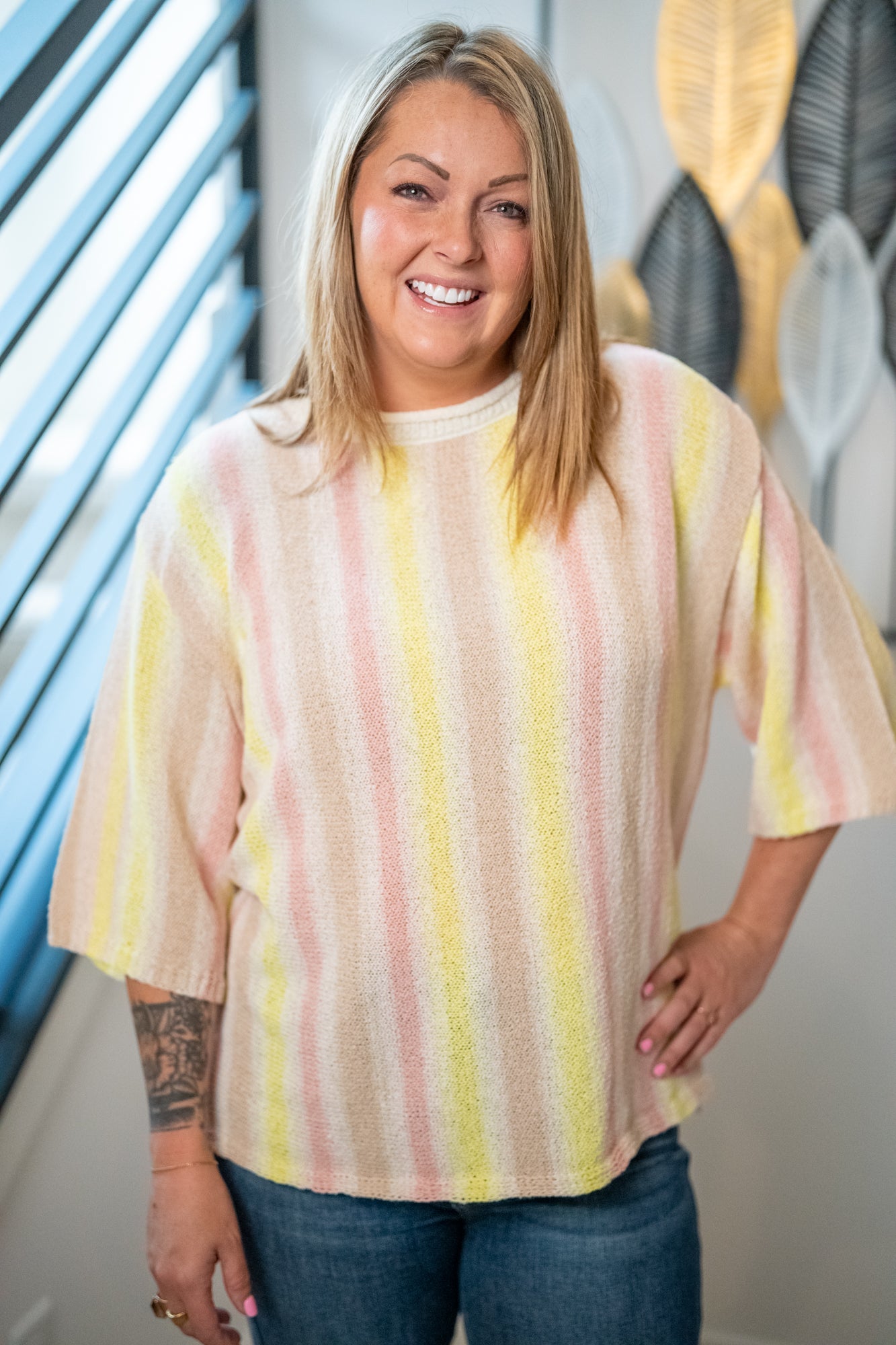 Easel Lemon Taupe Striped Knit Tunic Top