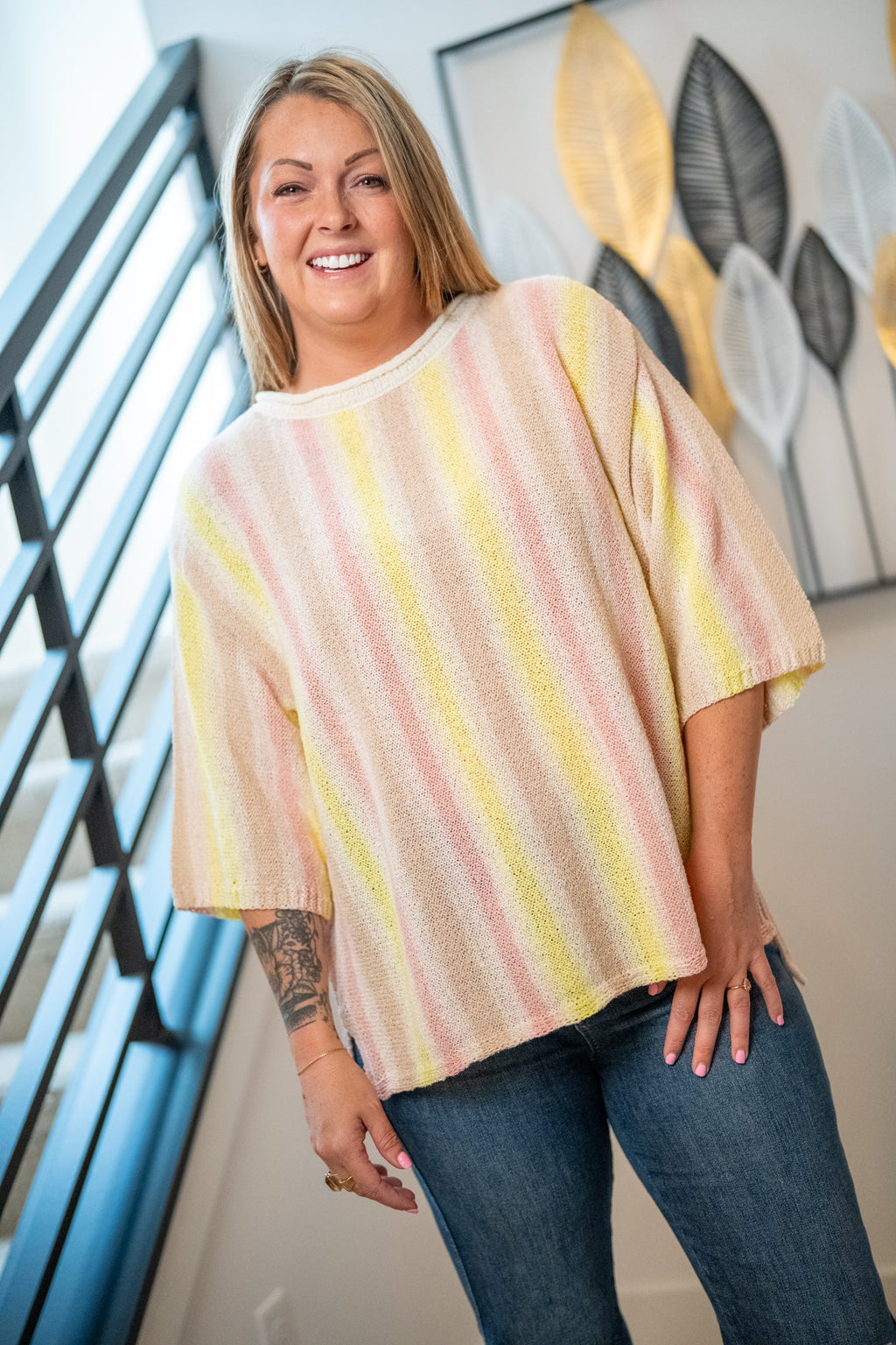 Easel Lemon Taupe Striped Knit Tunic Top