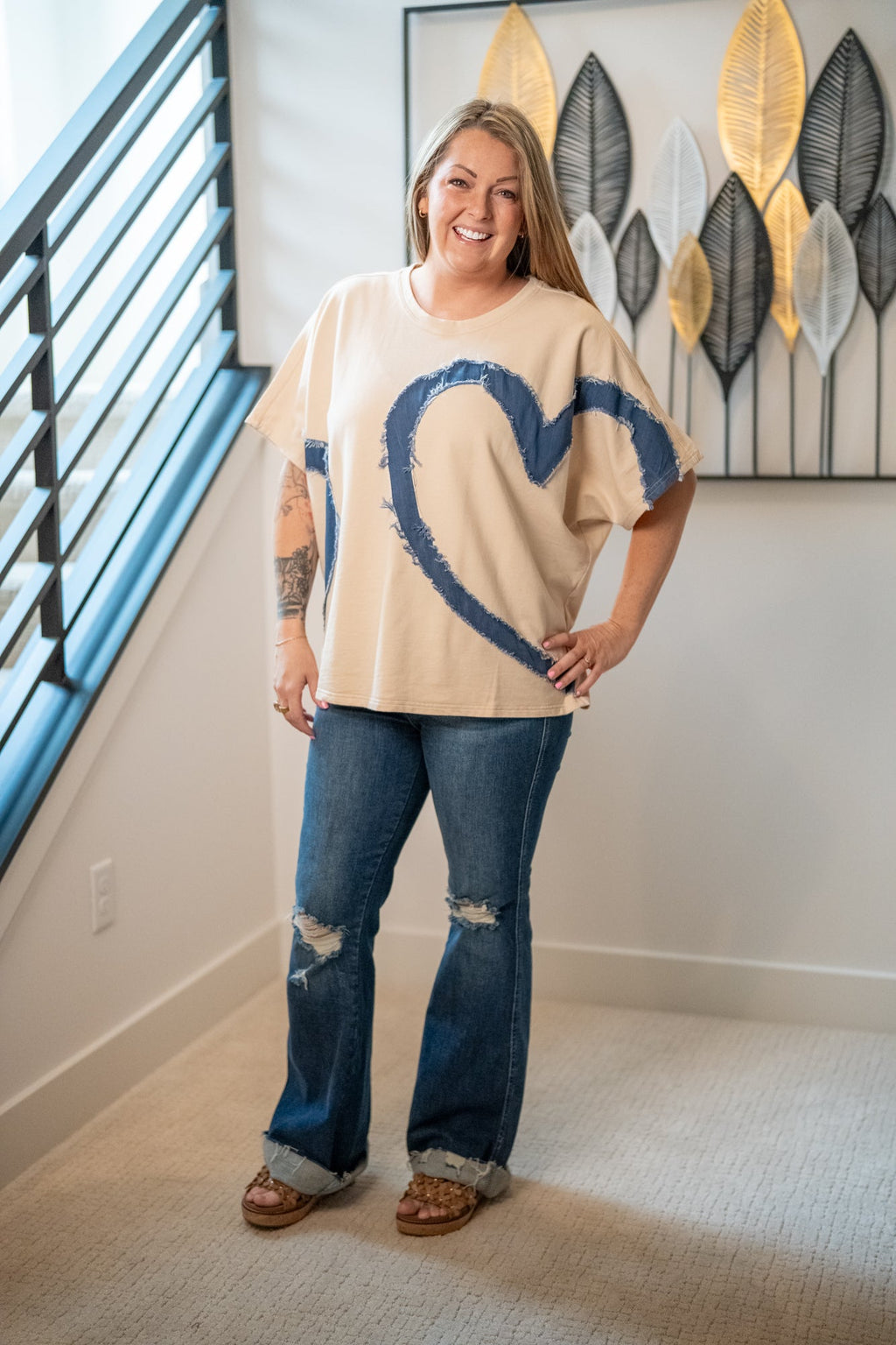 Easel Heart Patch Mineral Washed Knit Top