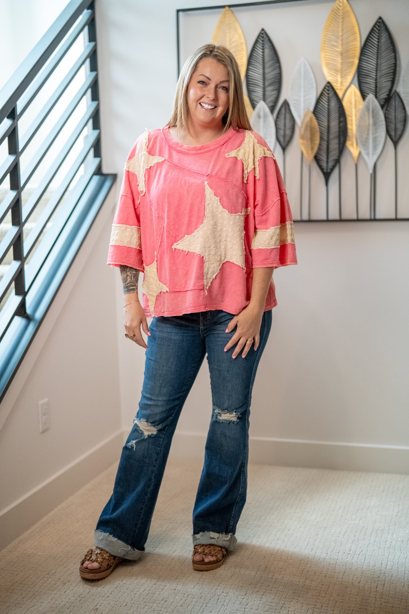 Oli & Hali Washed Star Patchwork Top – Relaxed Fit, Cotton Blend