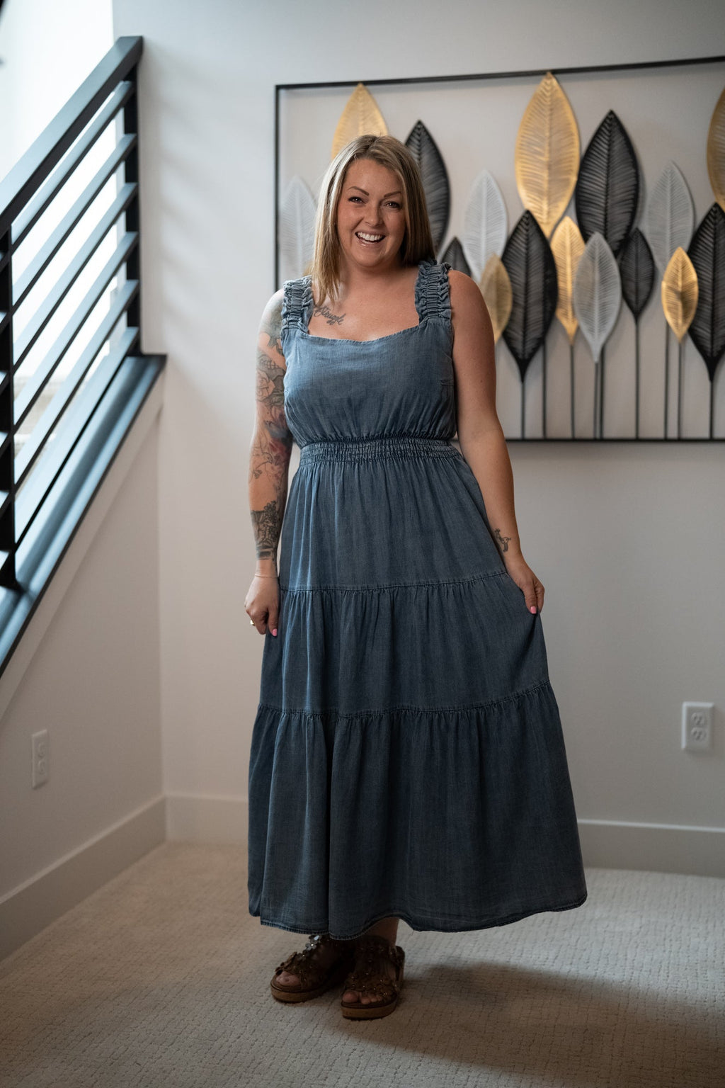 Easel Washed Chambray Tiered Maxi Dress