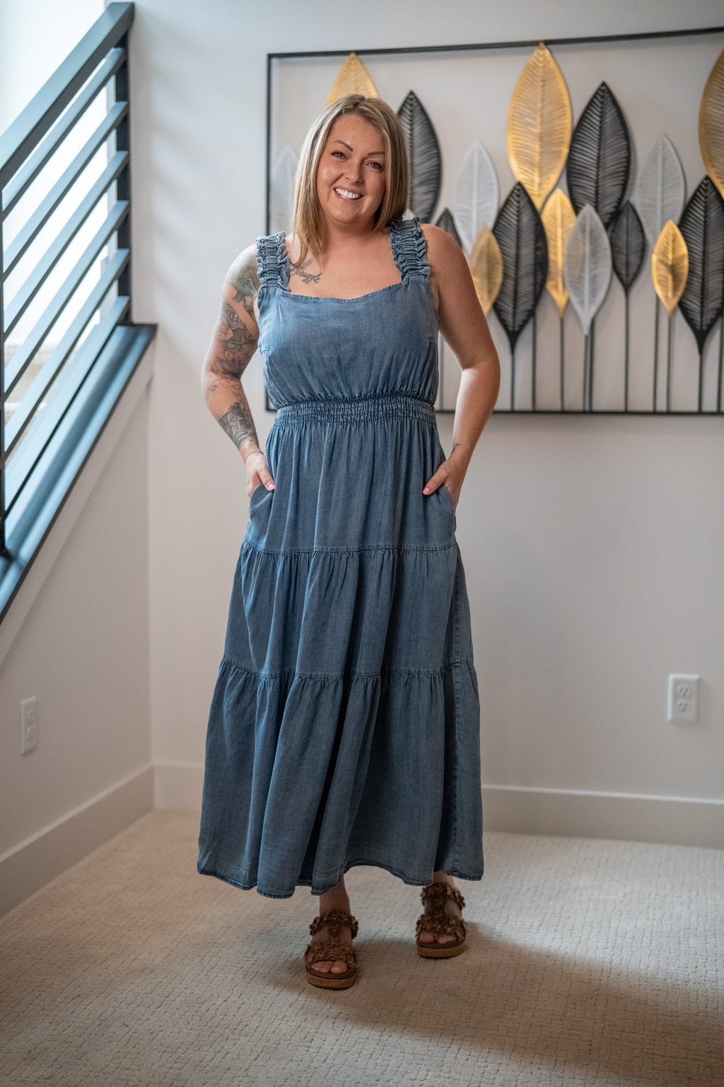 Easel Washed Chambray Tiered Maxi Dress