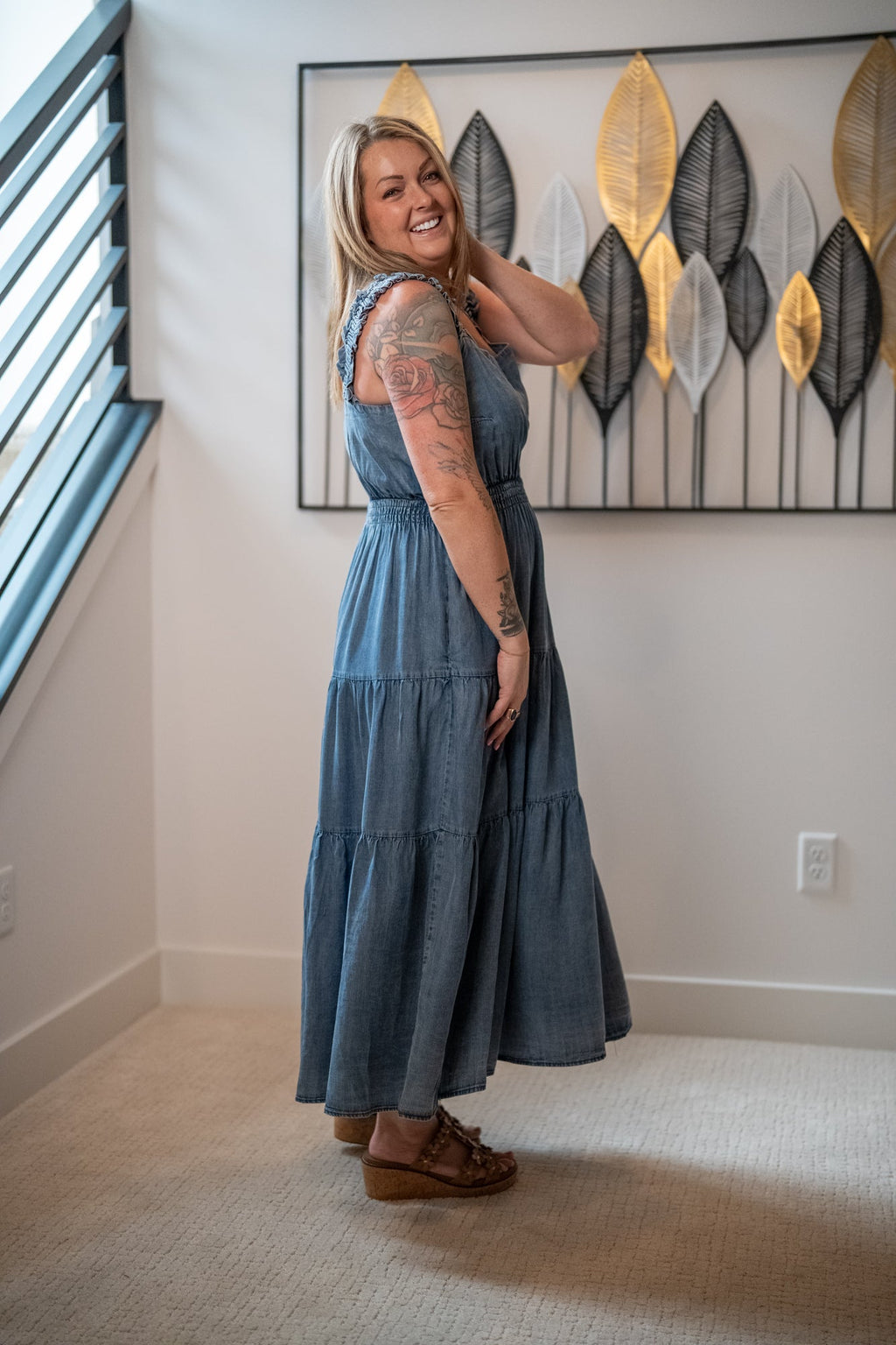 Easel Washed Chambray Tiered Maxi Dress