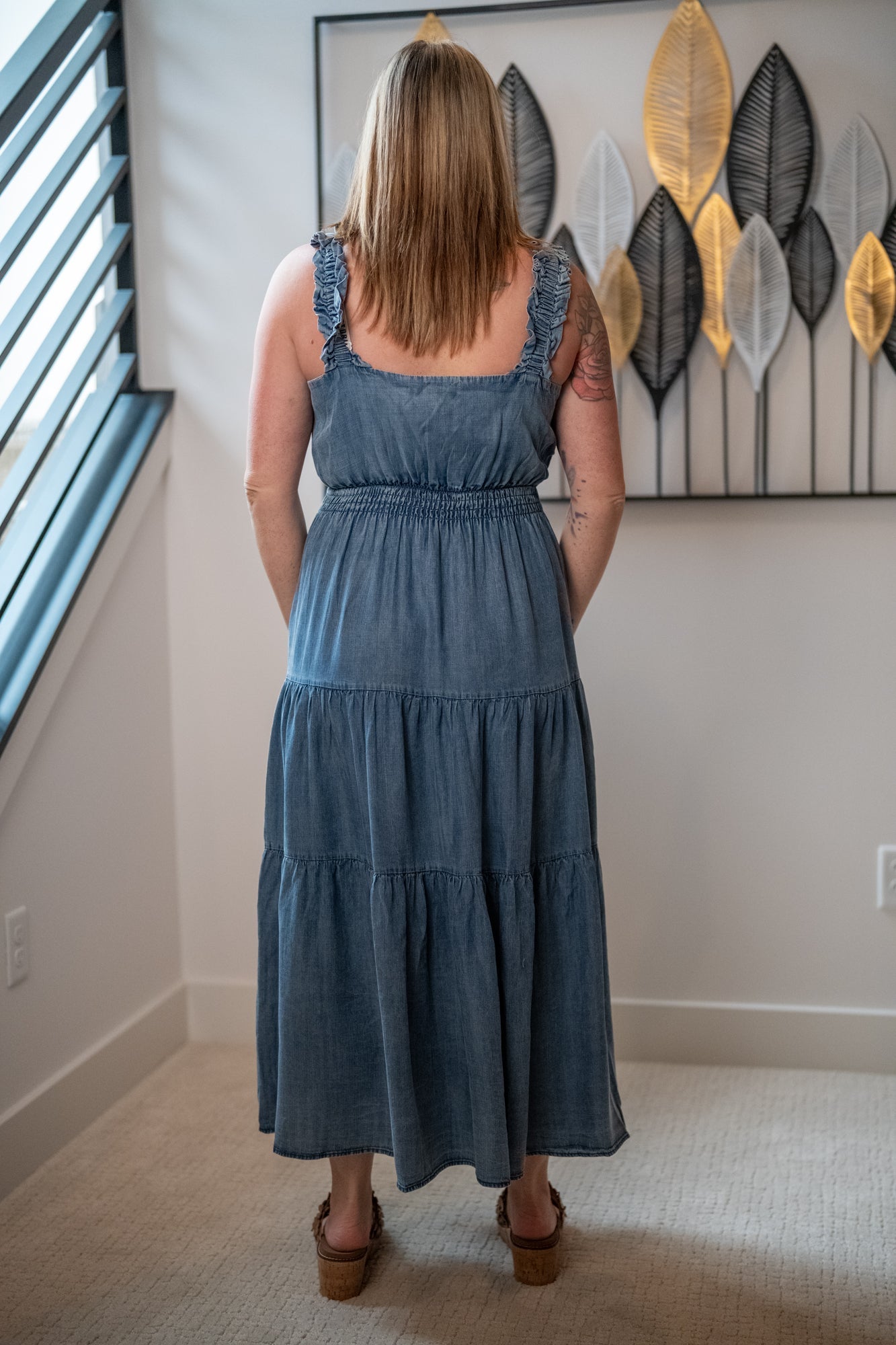 Easel Washed Chambray Tiered Maxi Dress