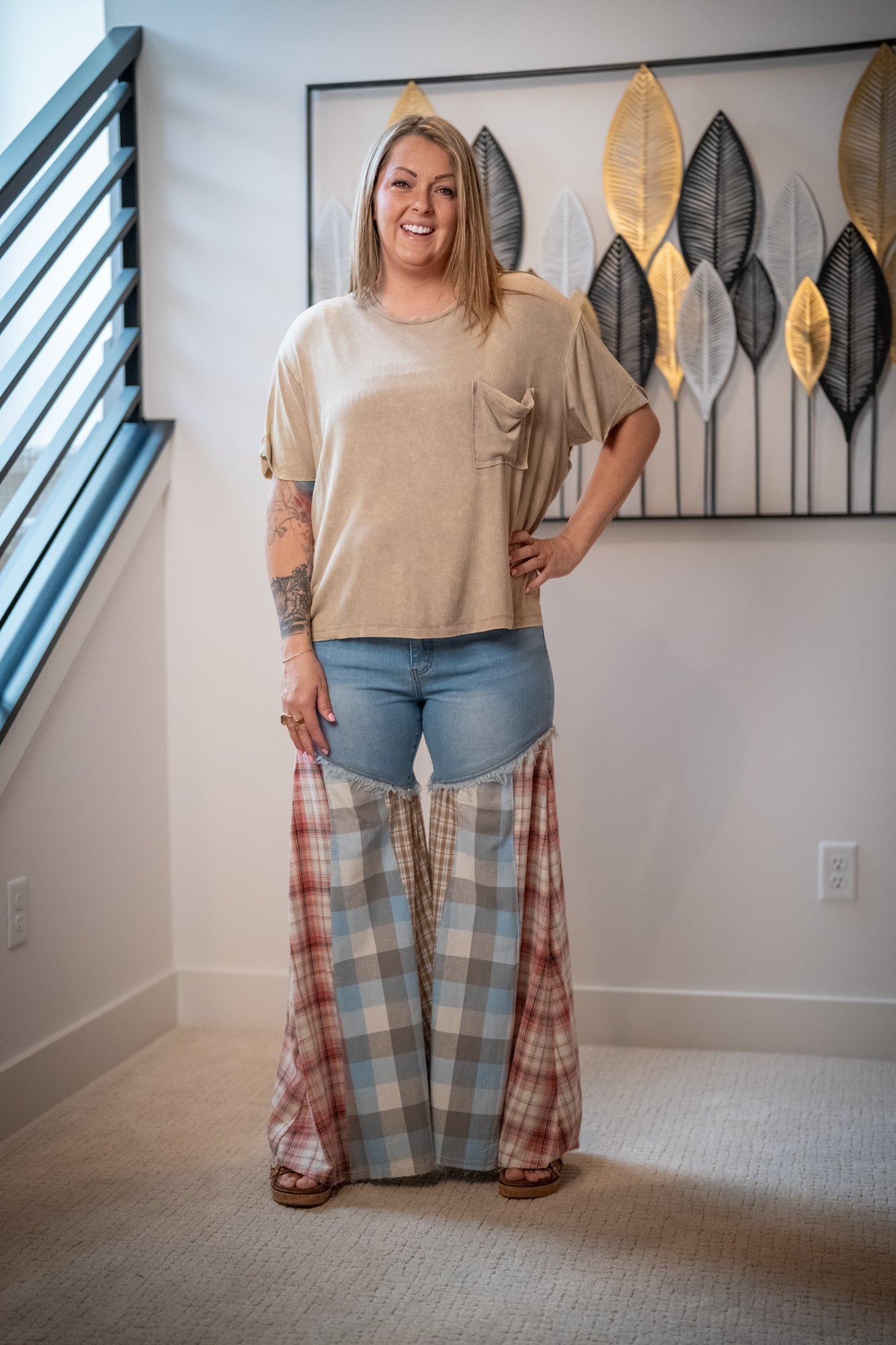 Easel Plaid Mix Washed Denim Pants