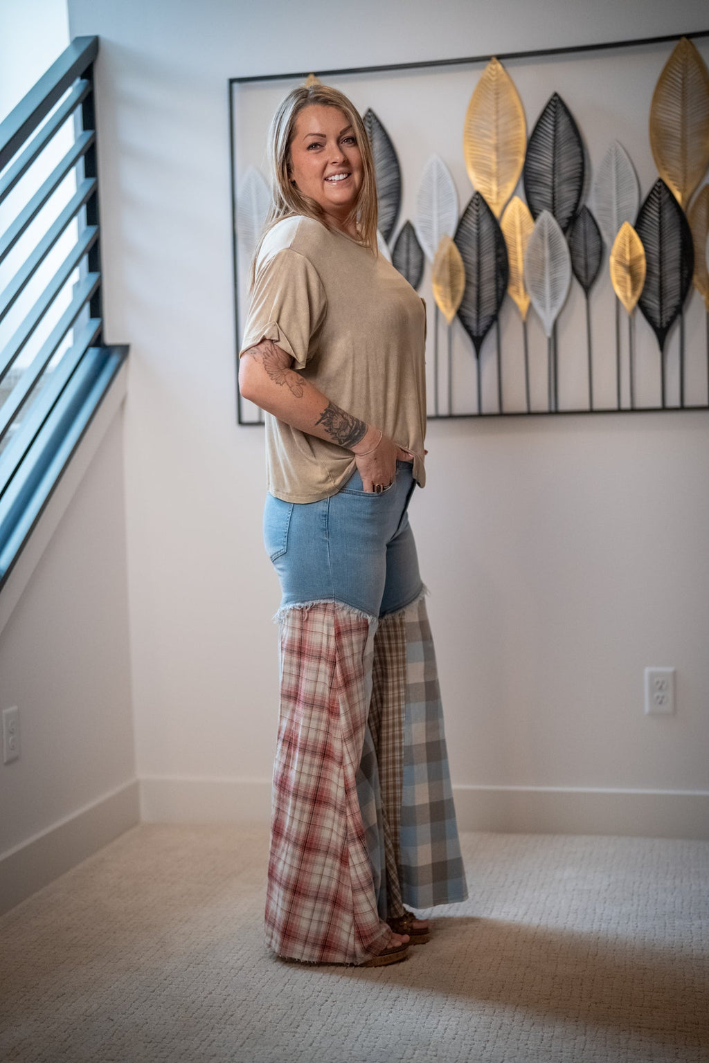 Easel Plaid Mix Washed Denim Pants
