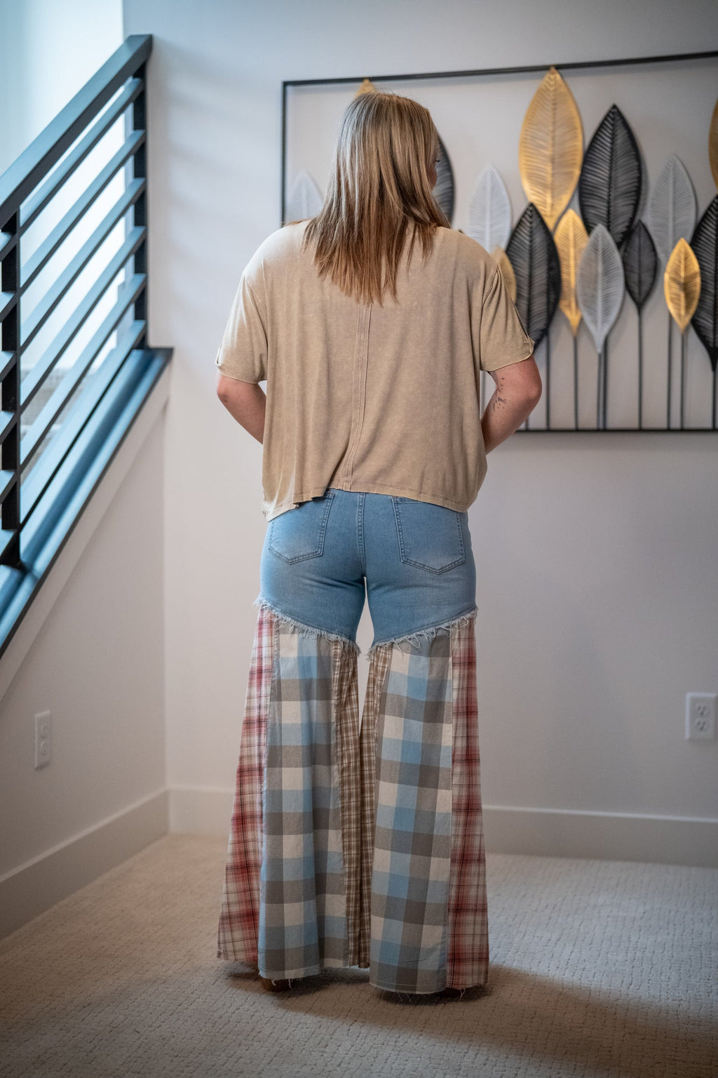 Easel Plaid Mix Washed Denim Pants