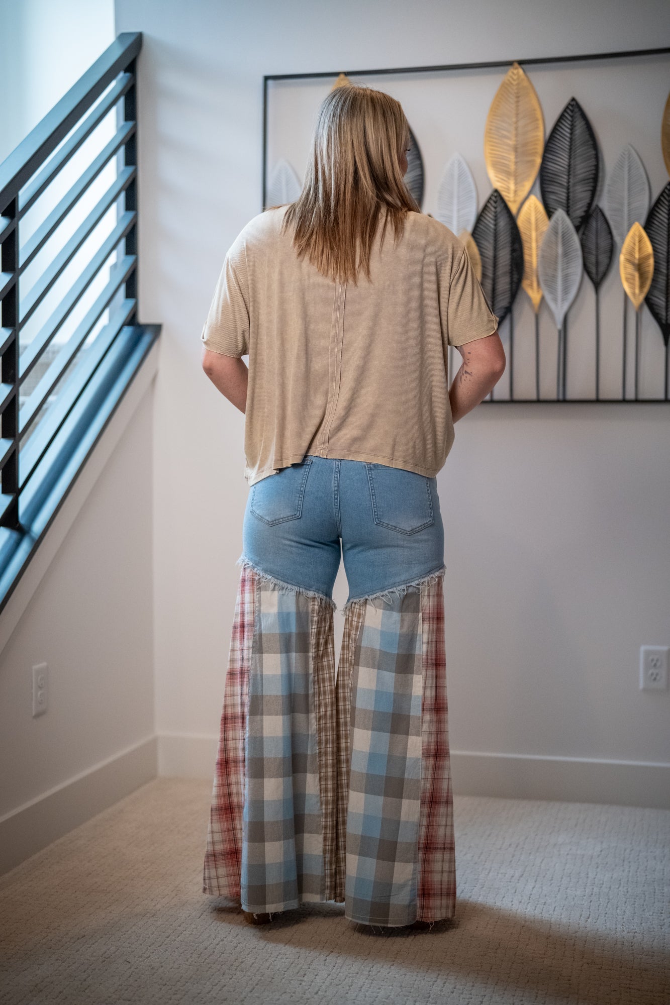 Easel Plaid Mix Washed Denim Pants