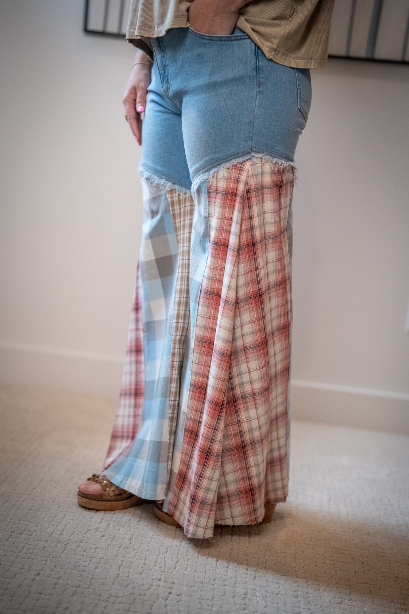 Easel Plaid Mix Washed Denim Pants