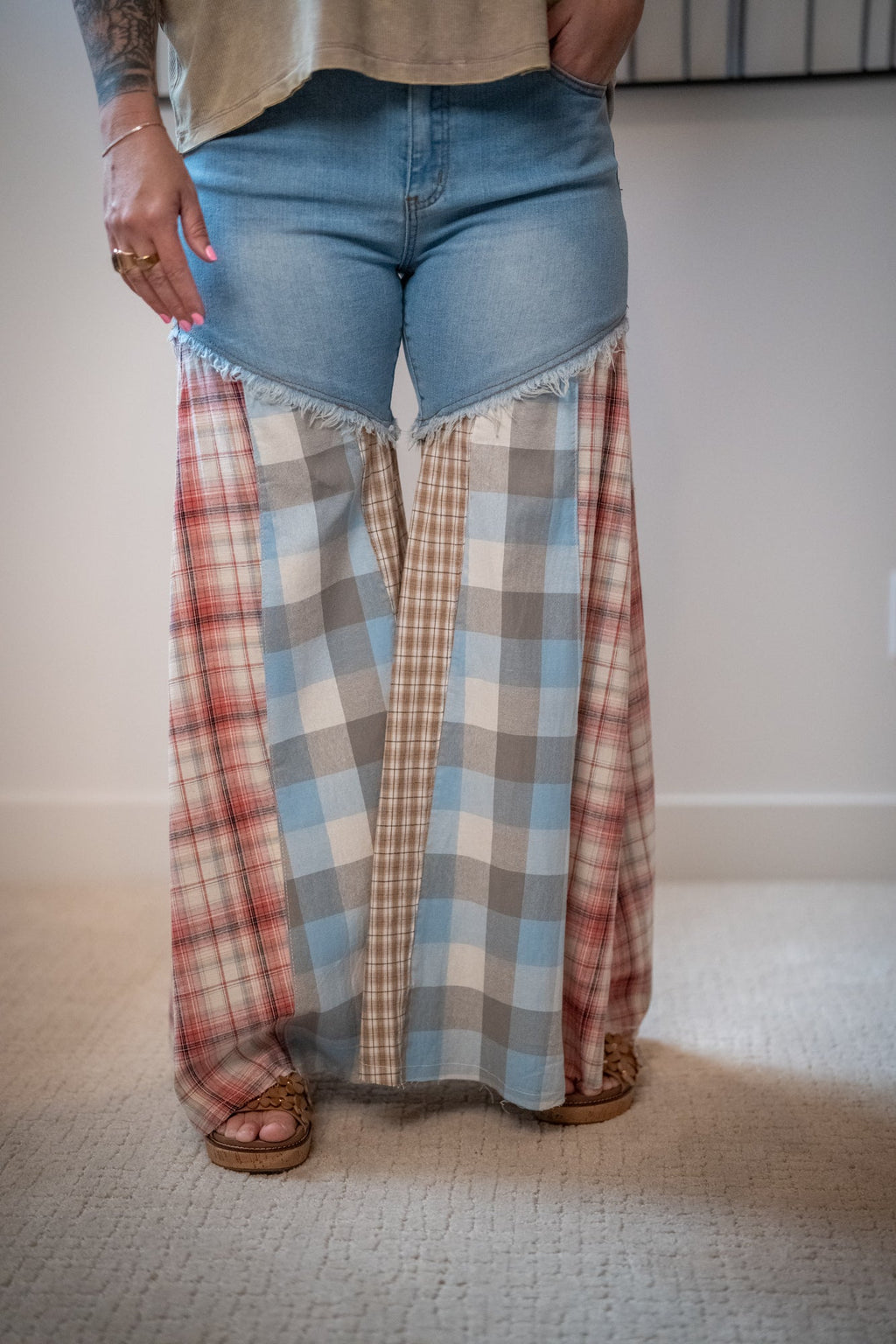 Easel Plaid Mix Washed Denim Pants