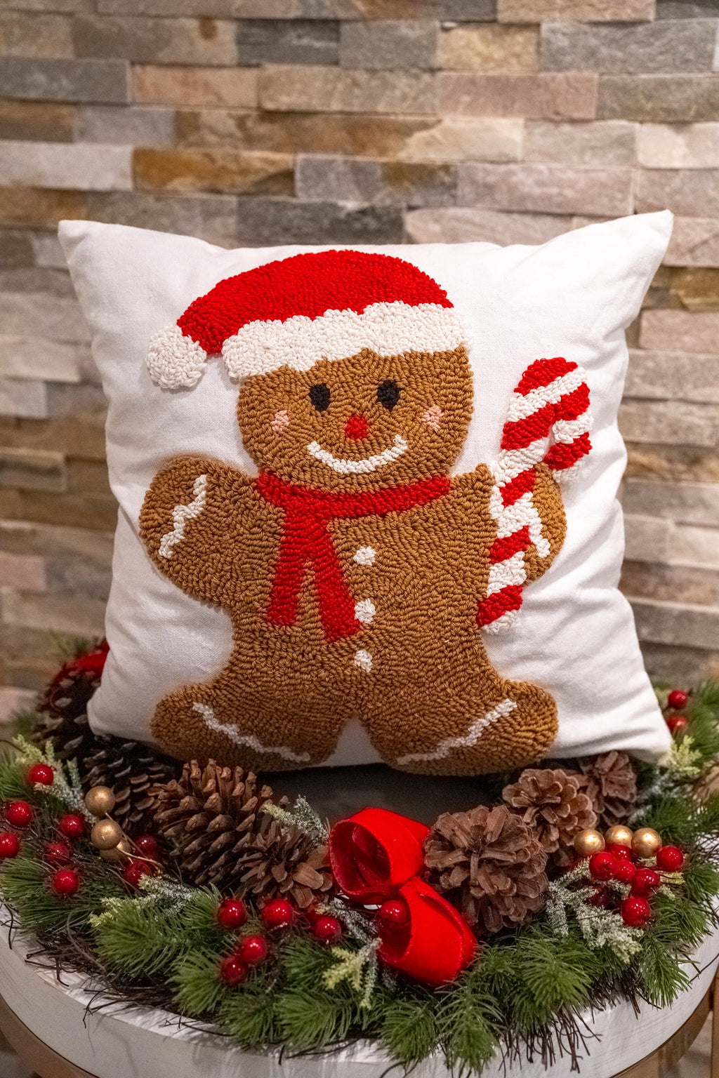 Candy Cane Gingerbread Santa Hooked Pillow