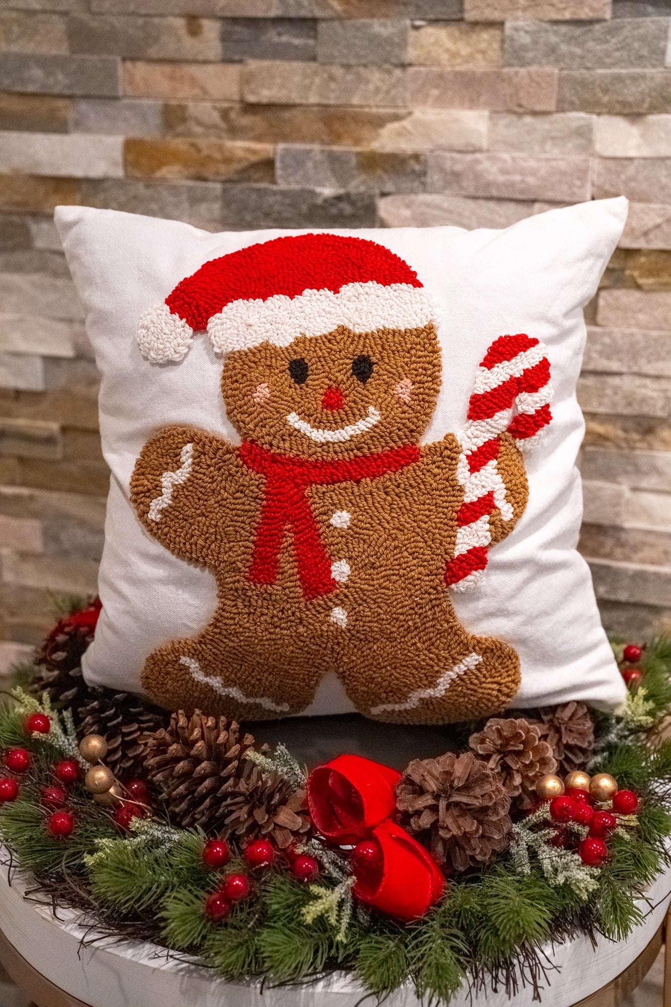 Candy Cane Gingerbread Santa Hooked Pillow
