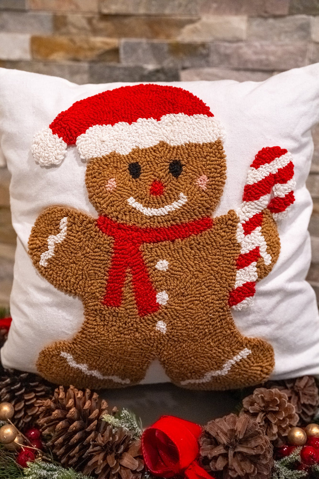 Candy Cane Gingerbread Santa Hooked Pillow