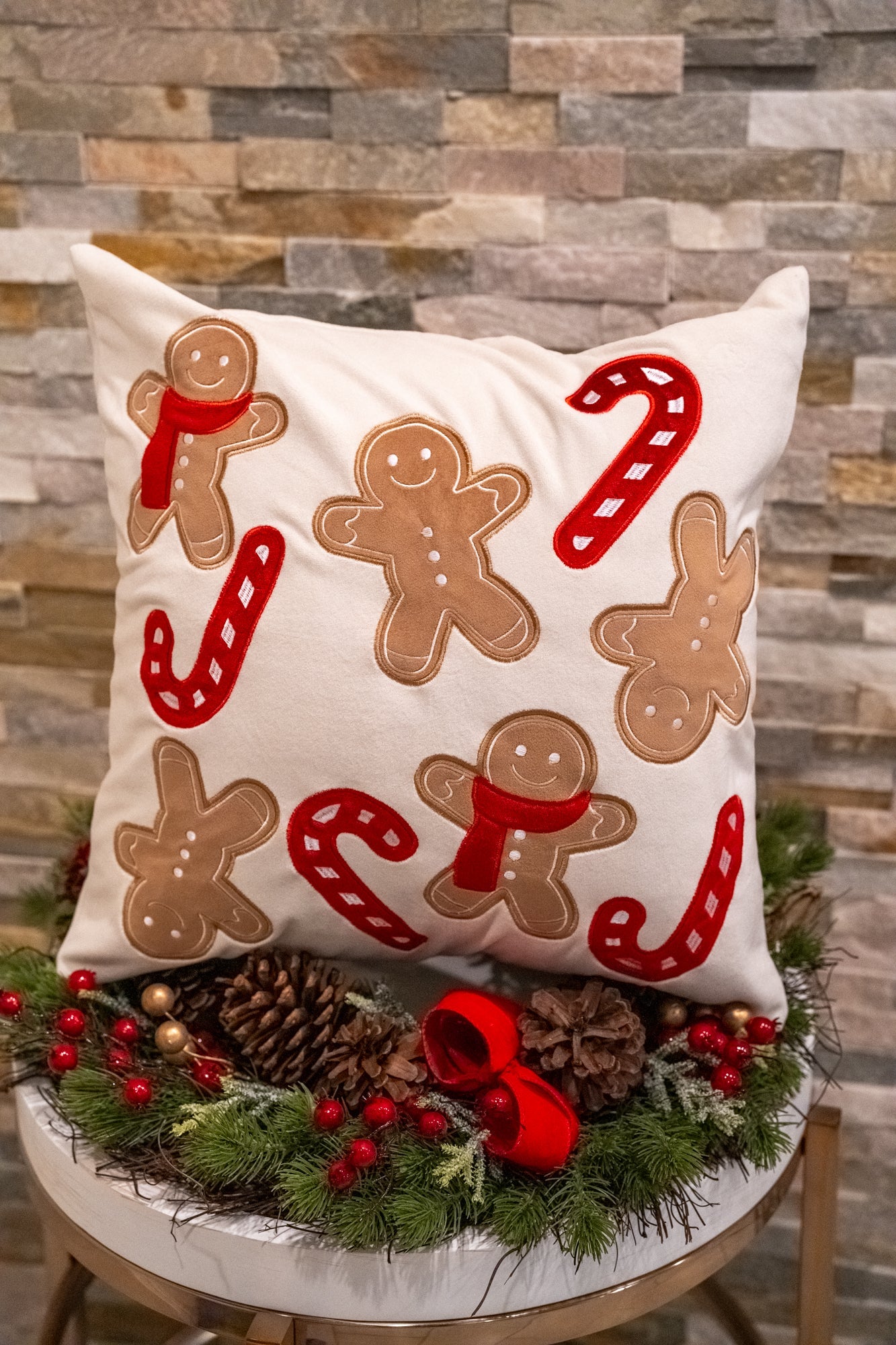 Gingerbread Dreams & Candy Cane Kisses Pillow by Buttercup Lynne