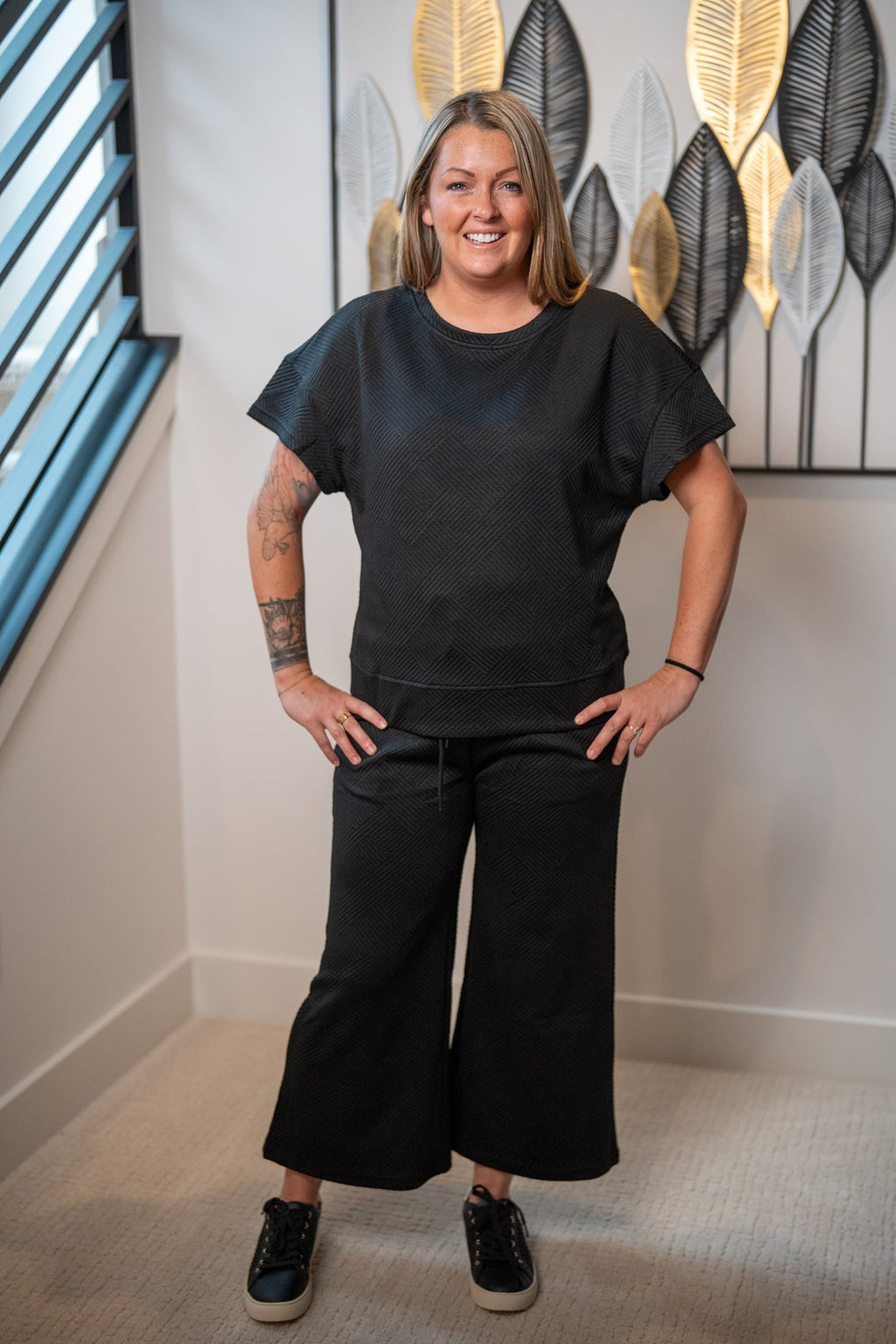 Textured Loose Fit T Shirt and Drawstring Pants Set (S-2XL)