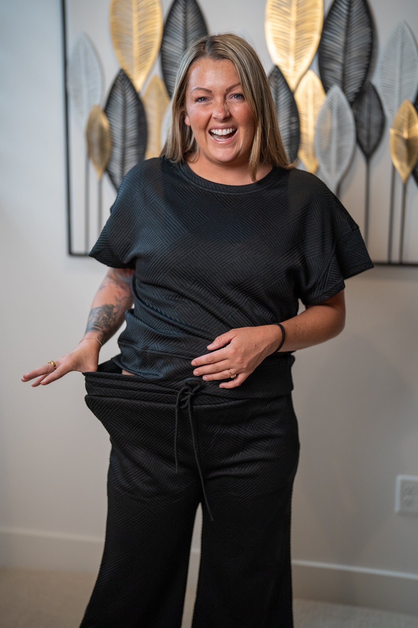 Textured Loose Fit T Shirt and Drawstring Pants Set (S-2XL)