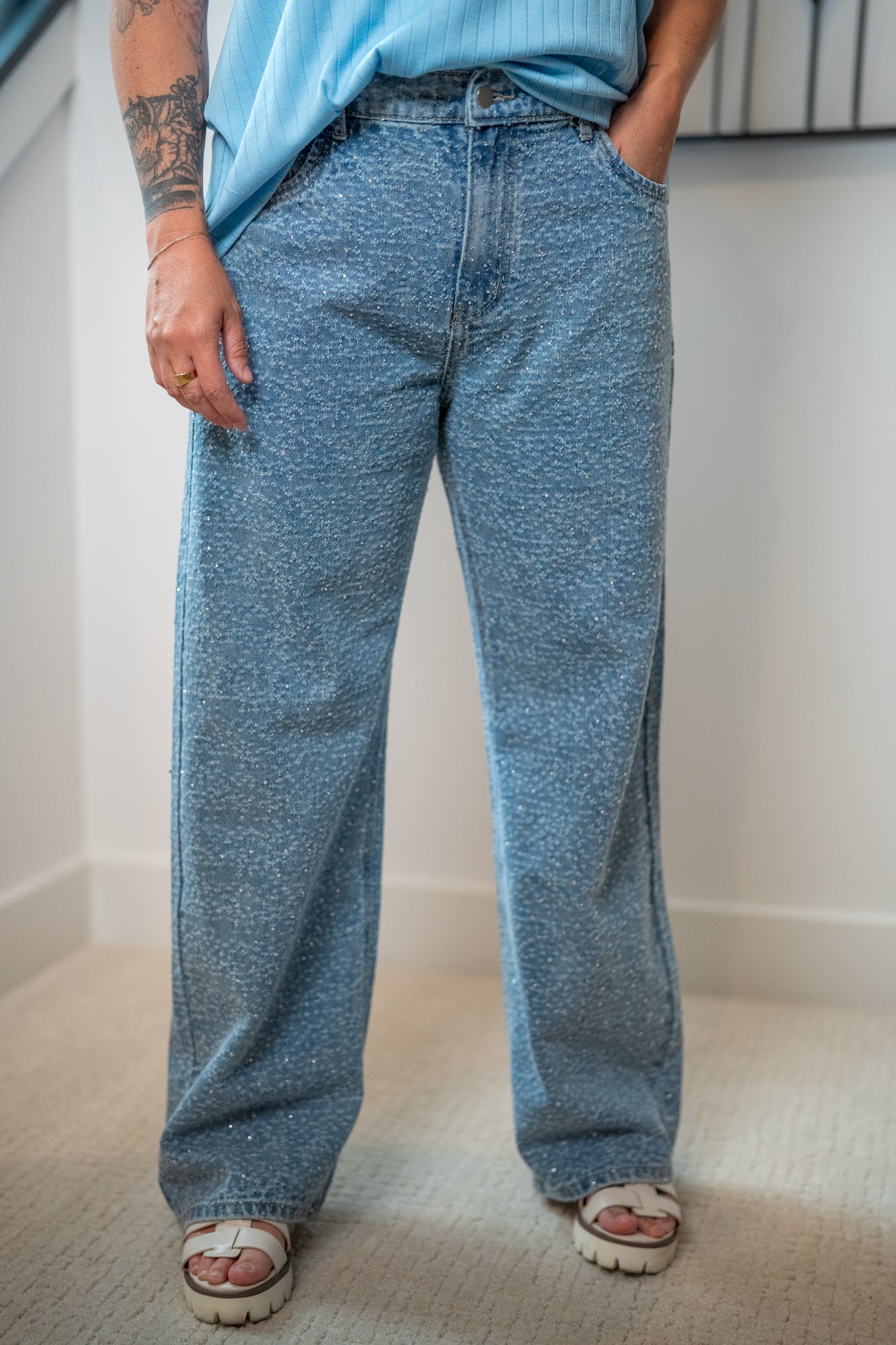 Washed All Over Rhinestone Embellished Denim Jeans