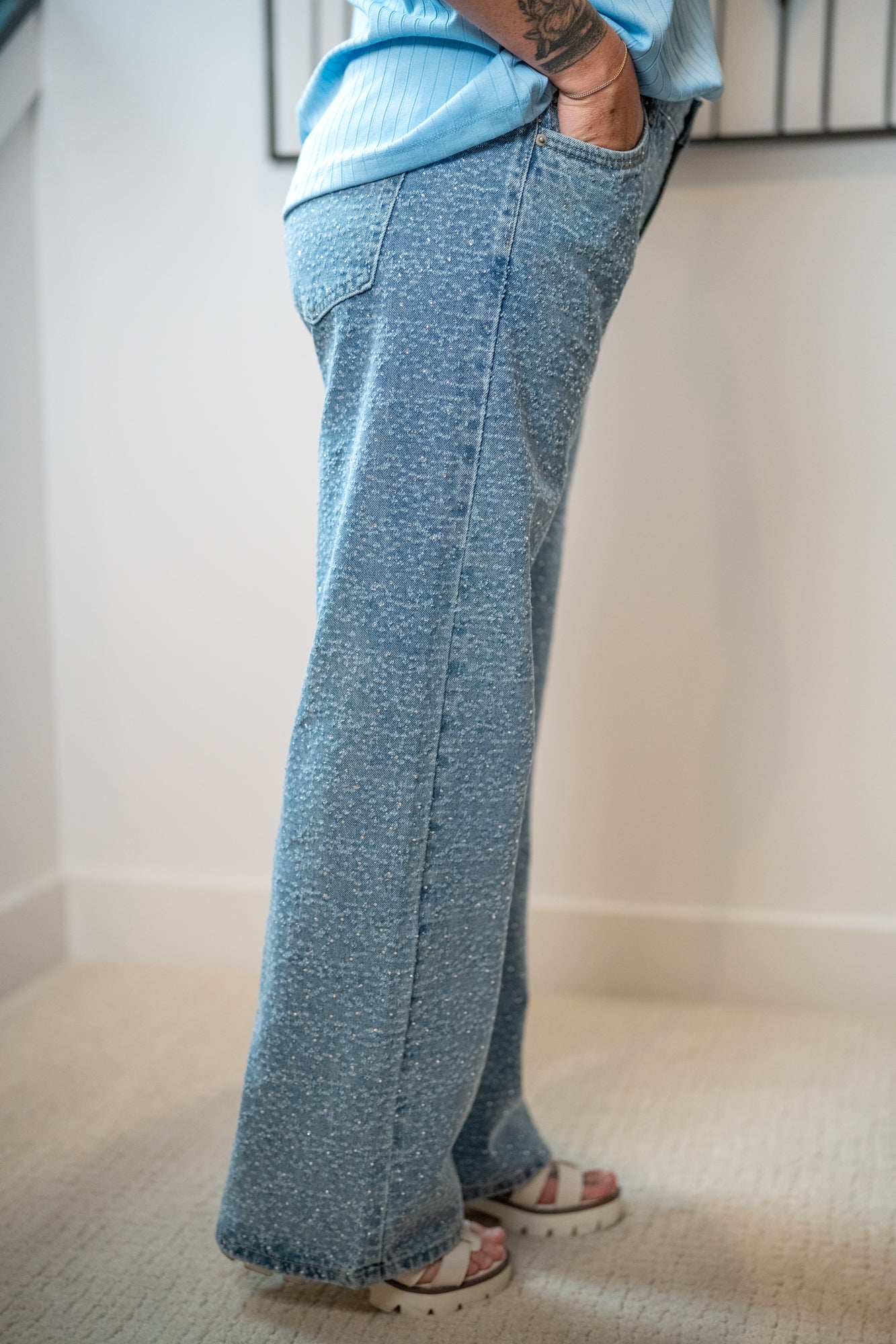 Washed All Over Rhinestone Embellished Denim Jeans