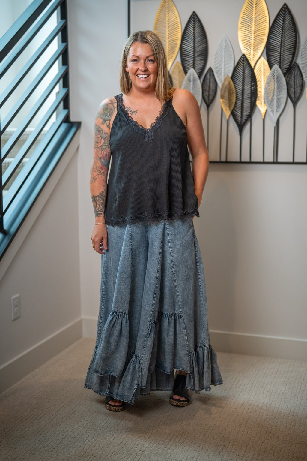 Oli & Hali Wide Leg Ruffled Hem Pants