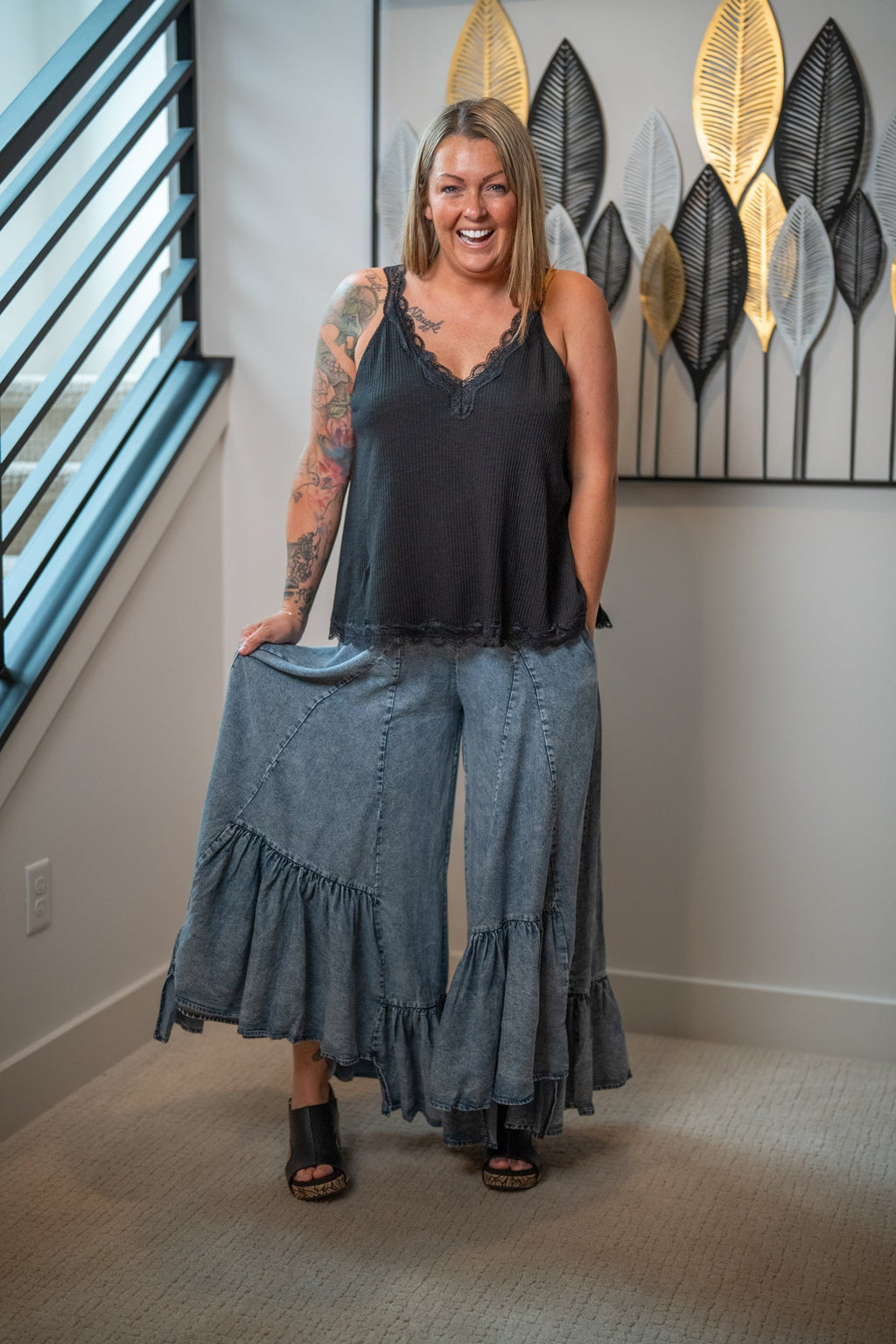 Oli & Hali Wide Leg Ruffled Hem Pants