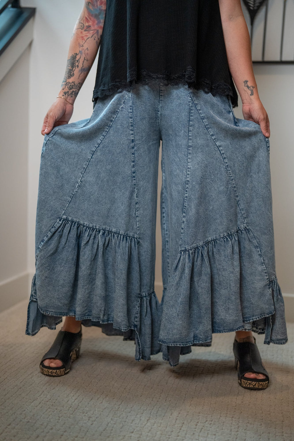 Oli & Hali Wide Leg Ruffled Hem Pants