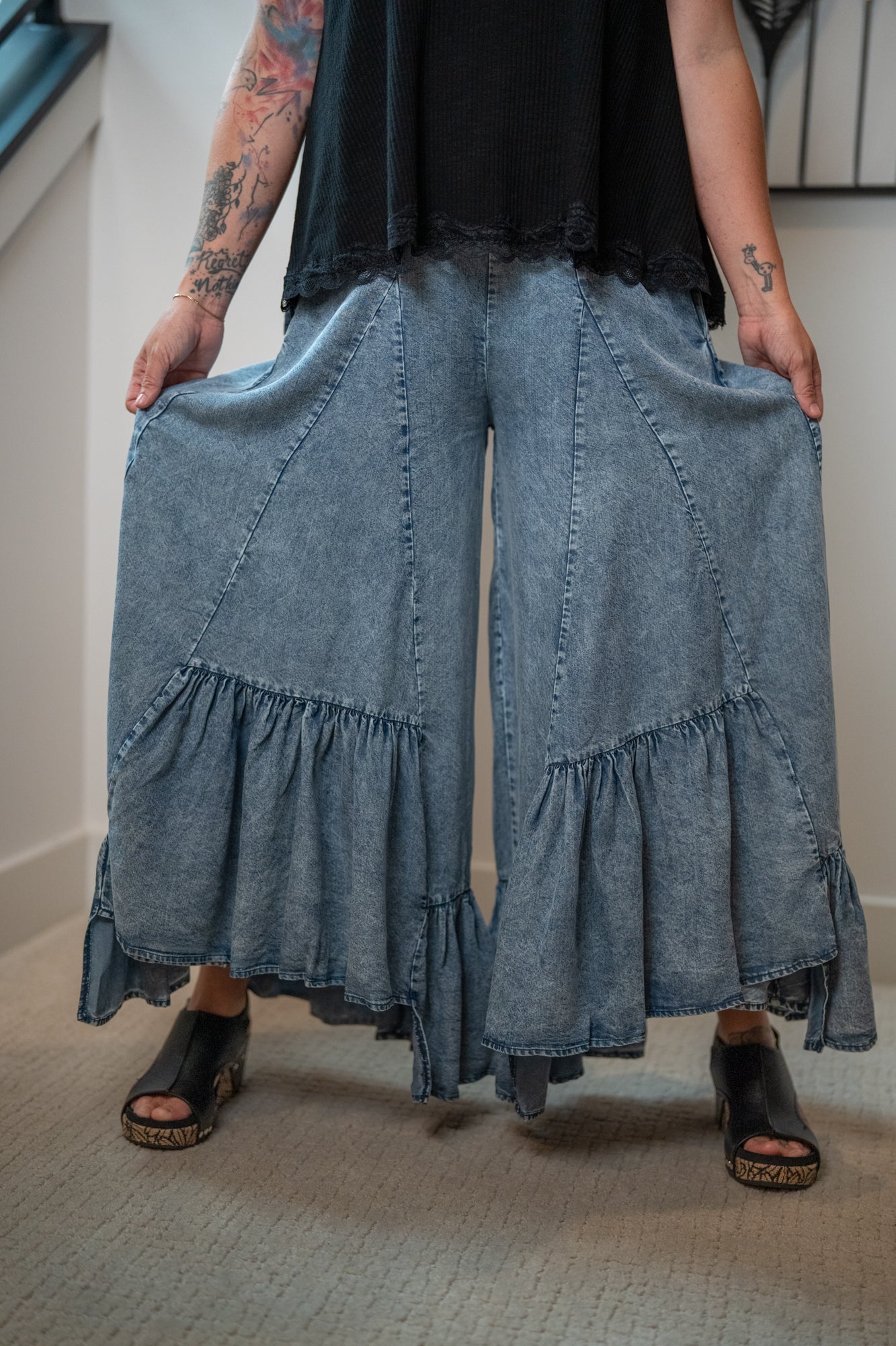 Oli & Hali Wide Leg Ruffled Hem Pants