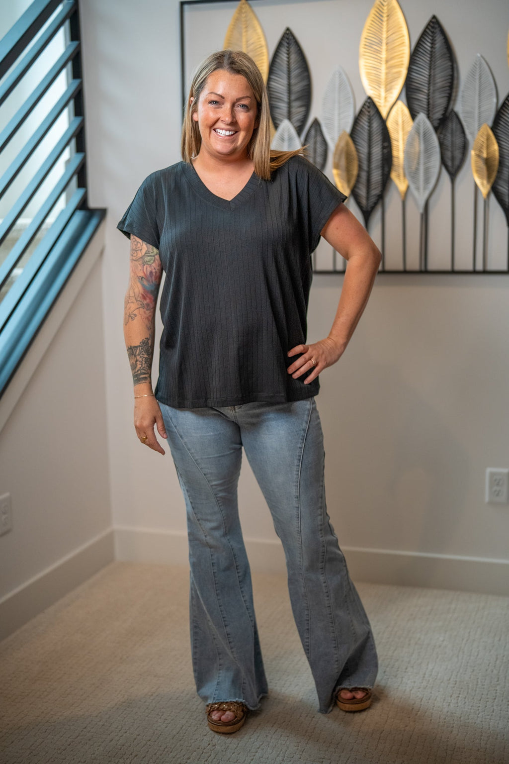 Easel Light Wash Stretch Bell Bottom Denim